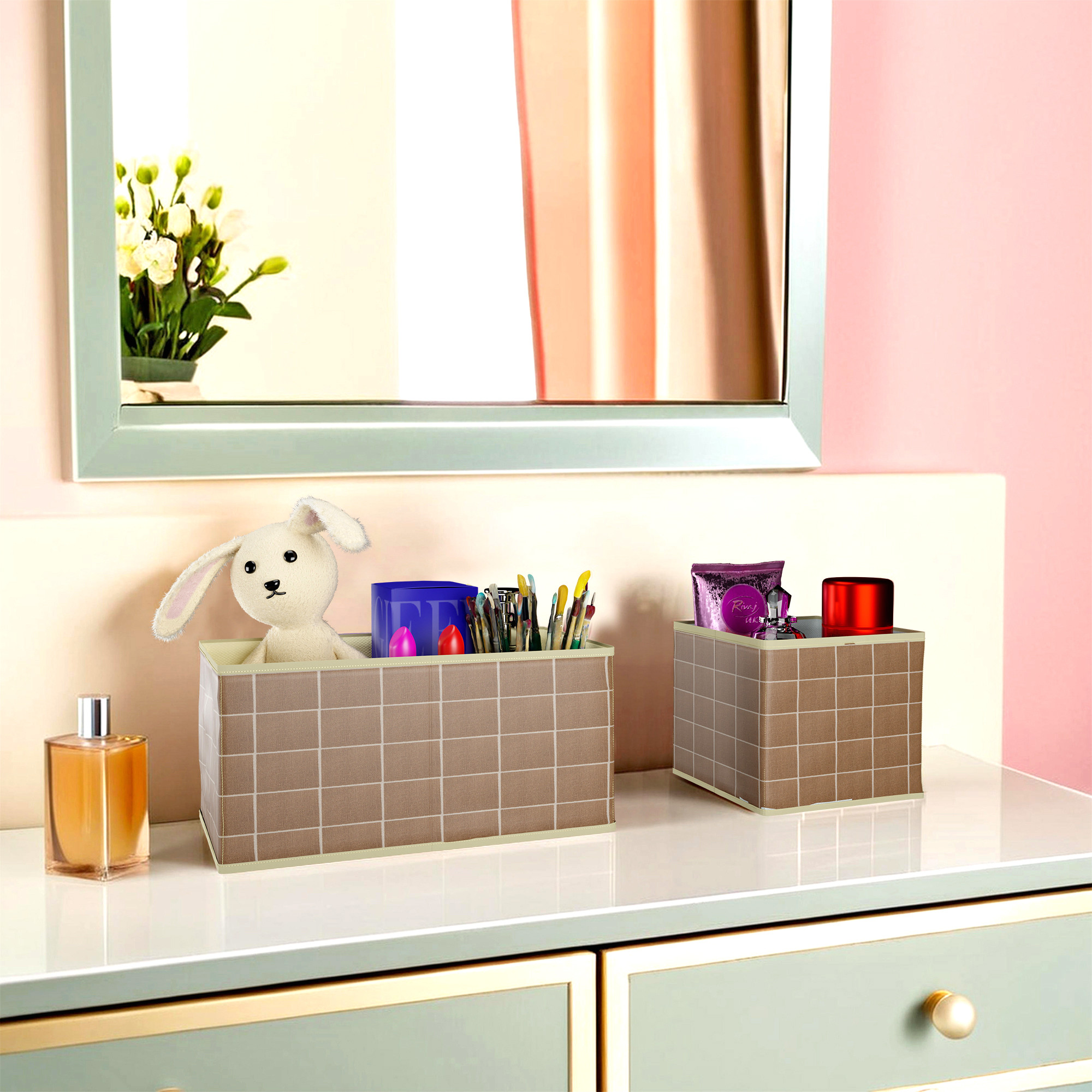 Kuber Industries 6 Pcs Foldable Drawer Organizer Wardrobe Organizer for Clothes  Non-Woven Storage Box for Socks Bra Tie and Scarfs  Stationary  Cabinet Organizer  Check Print- Brown