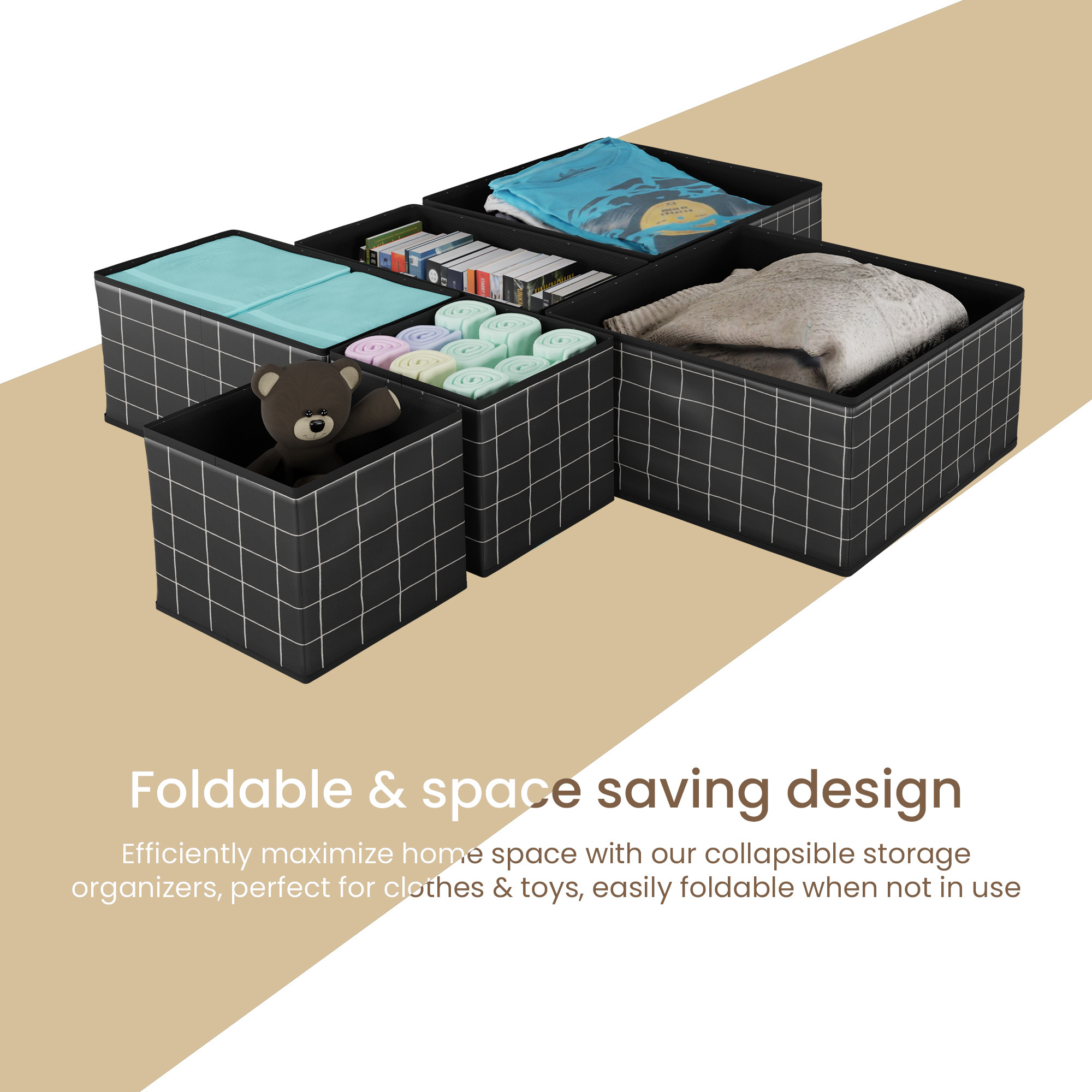 Kuber Industries 6 Pcs Foldable Drawer Organizer Wardrobe Organizer for Clothes  Non-Woven Storage Box for Socks Bra Tie and Scarfs  Stationary  Cabinet Organizer  Check Print- Black