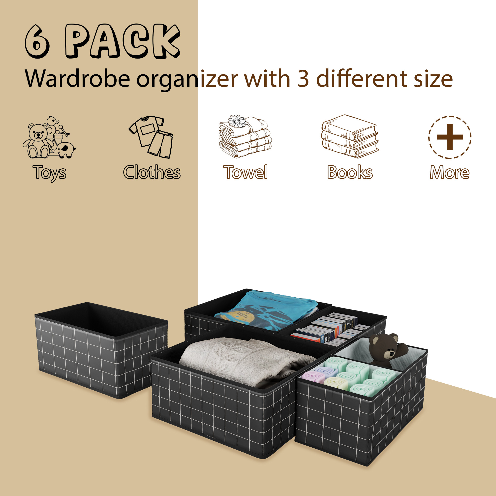 Kuber Industries 6 Pcs Foldable Drawer Organizer Wardrobe Organizer for Clothes  Non-Woven Storage Box for Socks Bra Tie and Scarfs  Stationary  Cabinet Organizer  Check Print- Black