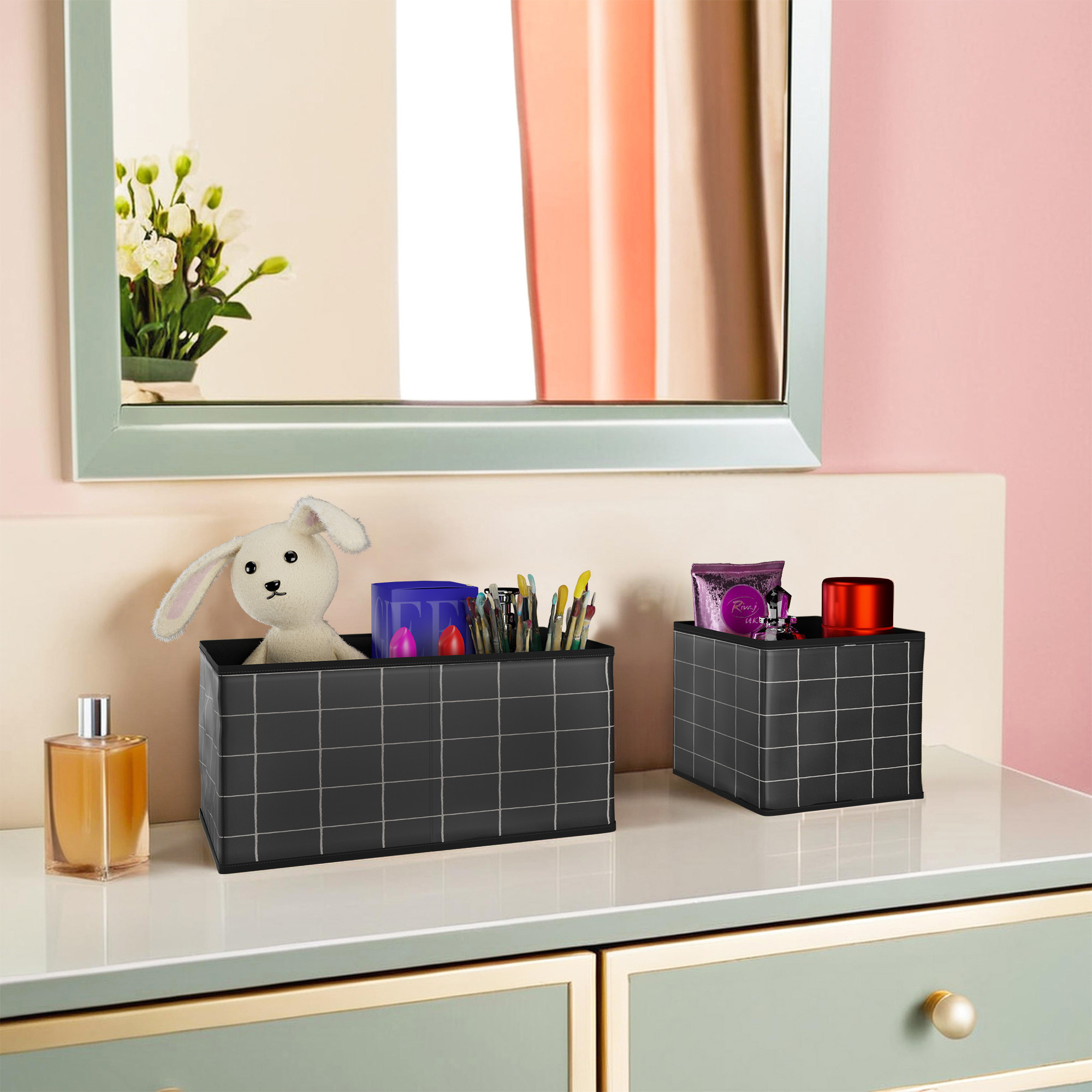 Kuber Industries 6 Pcs Foldable Drawer Organizer Wardrobe Organizer for Clothes  Non-Woven Storage Box for Socks Bra Tie and Scarfs  Stationary  Cabinet Organizer  Check Print- Black