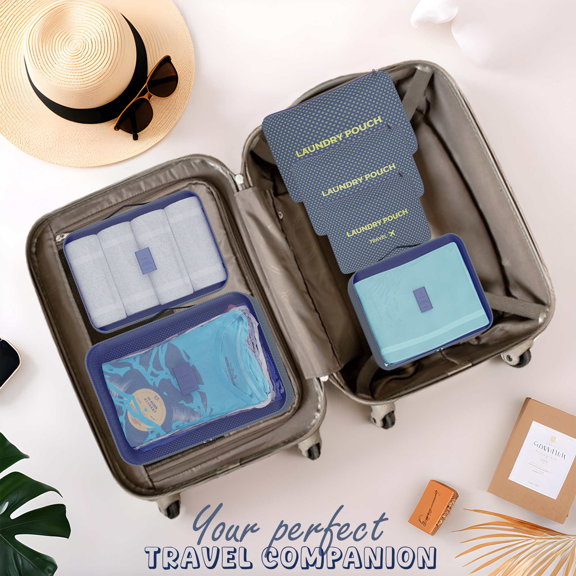 Kuber Industries 6 Pcs Foldable Travel Pouches for Women  Men with Zip  Multi-Size Luggage Organiser Bag for Travel  Packing Cube for ClothesShoesToiletries  YJ-35-NBLU  Stars - Navy Blue