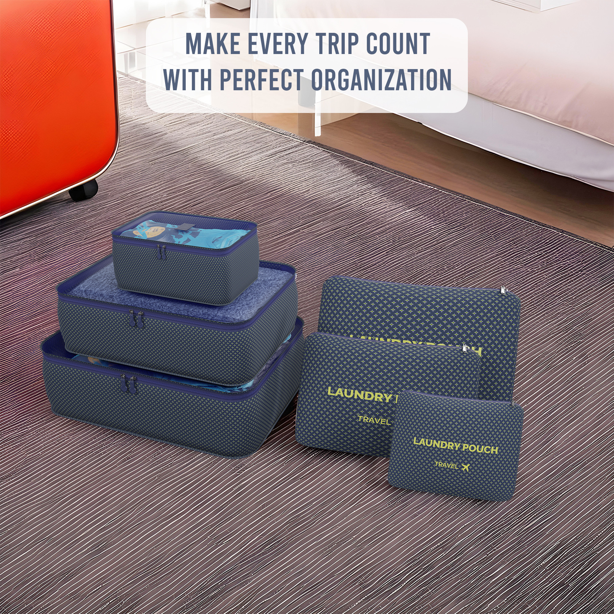 Kuber Industries 6 Pcs Foldable Travel Pouches for Women  Men with Zip  Multi-Size Luggage Organiser Bag for Travel  Packing Cube for ClothesShoesToiletries  YJ-35-NBLU  Stars - Navy Blue