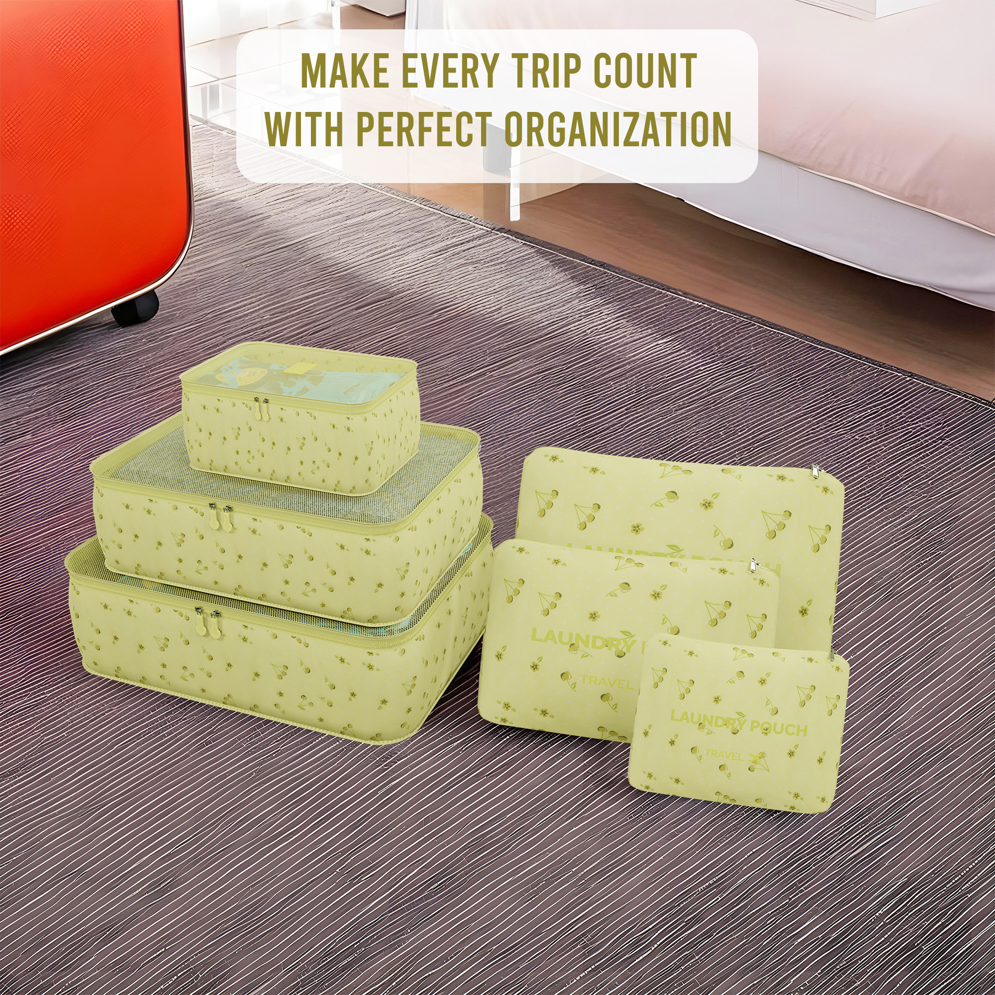 Kuber Industries 6 Pcs Foldable Travel Pouches for Women  Men with Zip  Multi-Size Luggage Organiser Bags for Travel  Packing Cube for ClothesShoesToiletries  YJ-35-GRN  Cherry - Green