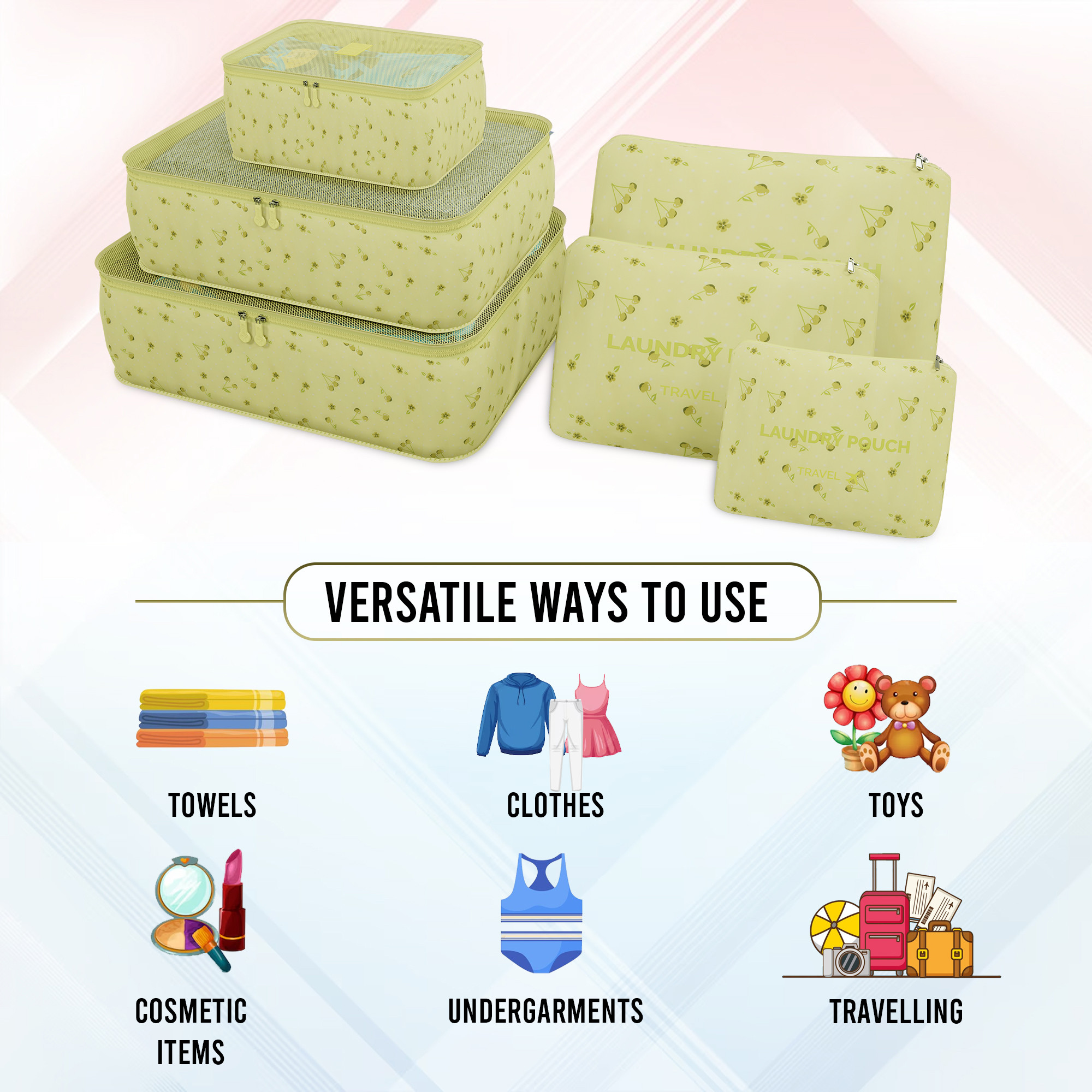 Kuber Industries 6 Pcs Foldable Travel Pouches for Women  Men with Zip  Multi-Size Luggage Organiser Bags for Travel  Packing Cube for ClothesShoesToiletries  YJ-35-GRN  Cherry - Green