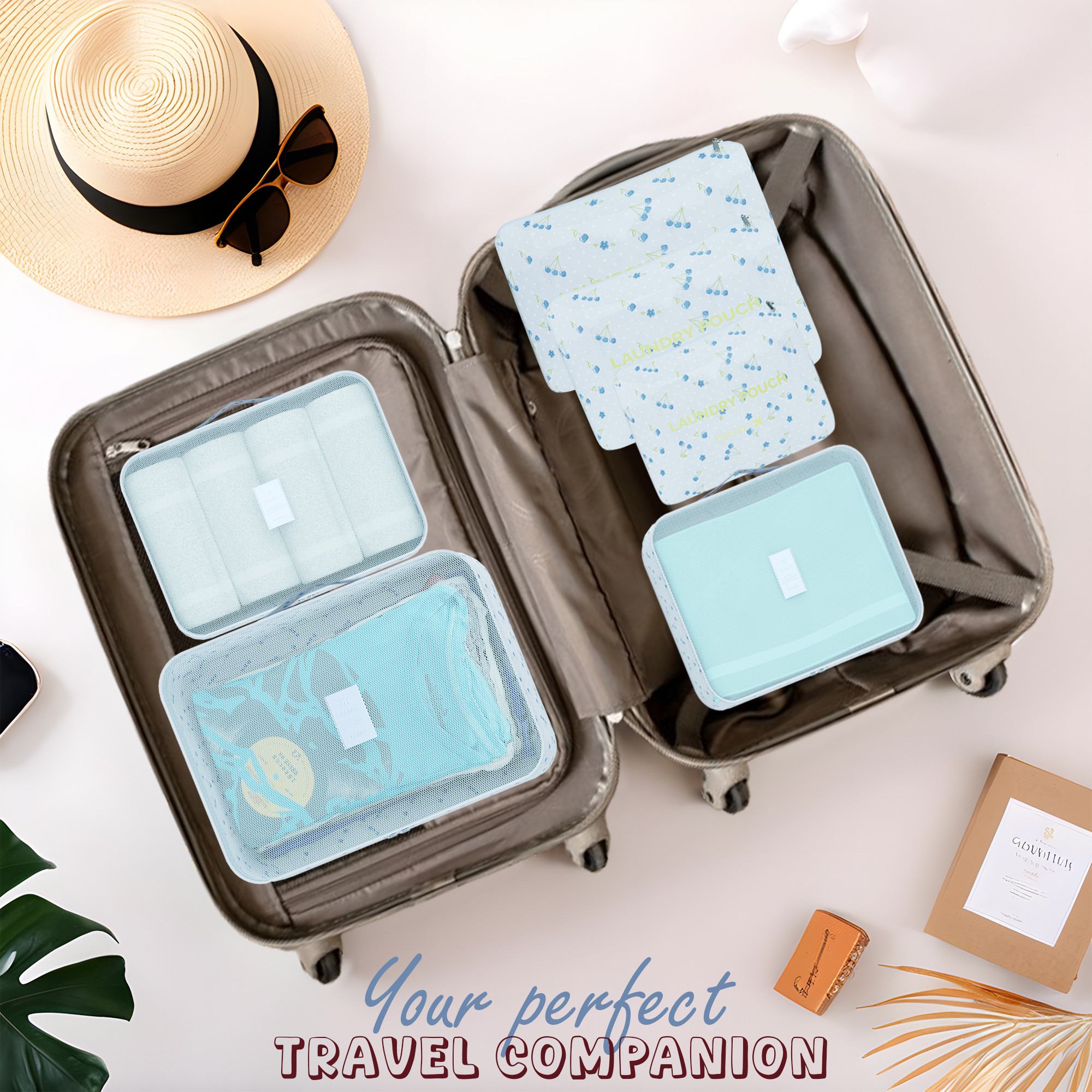 Kuber Industries 6 Pcs Foldable Travel Pouches for Women  Men with Zip  Multi-Size Luggage Organiser Bags for Travel  Packing Cube for ClothesShoesToiletries  YJ-35-BLUC  Cherry - Blue