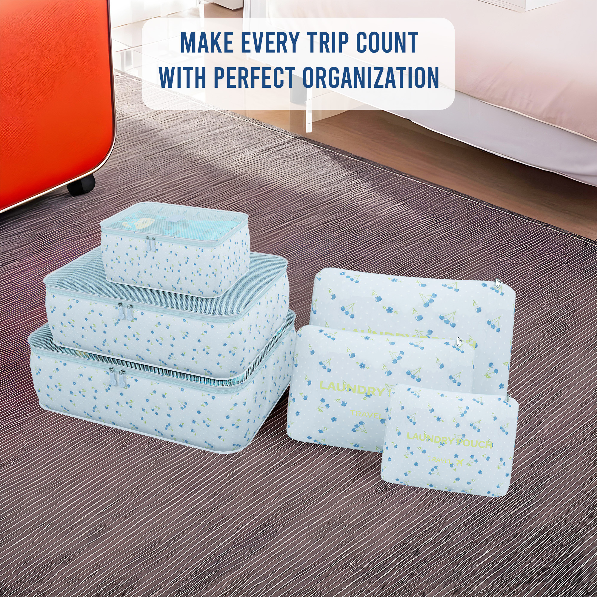 Kuber Industries 6 Pcs Foldable Travel Pouches for Women  Men with Zip  Multi-Size Luggage Organiser Bags for Travel  Packing Cube for ClothesShoesToiletries  YJ-35-BLUC  Cherry - Blue