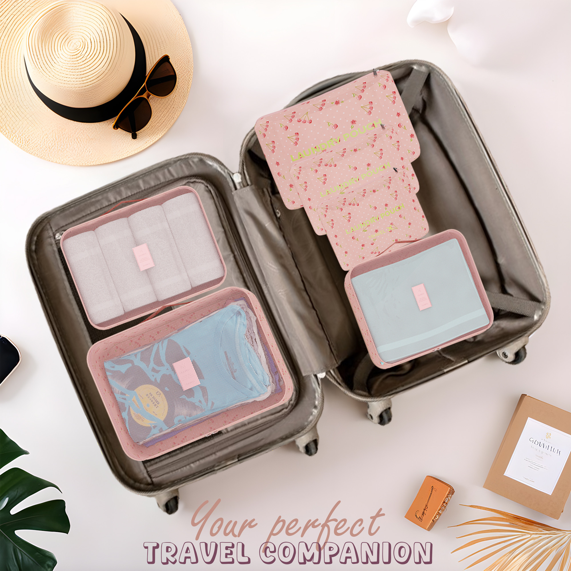 Kuber Industries 6 Pcs Foldable Travel Pouches for Women  Men with Zip  Multi-Size Luggage Organiser Bags for Travel  Packing Cube for ClothesShoesToiletries  YJ-35-PNKC  Cherry - Pink