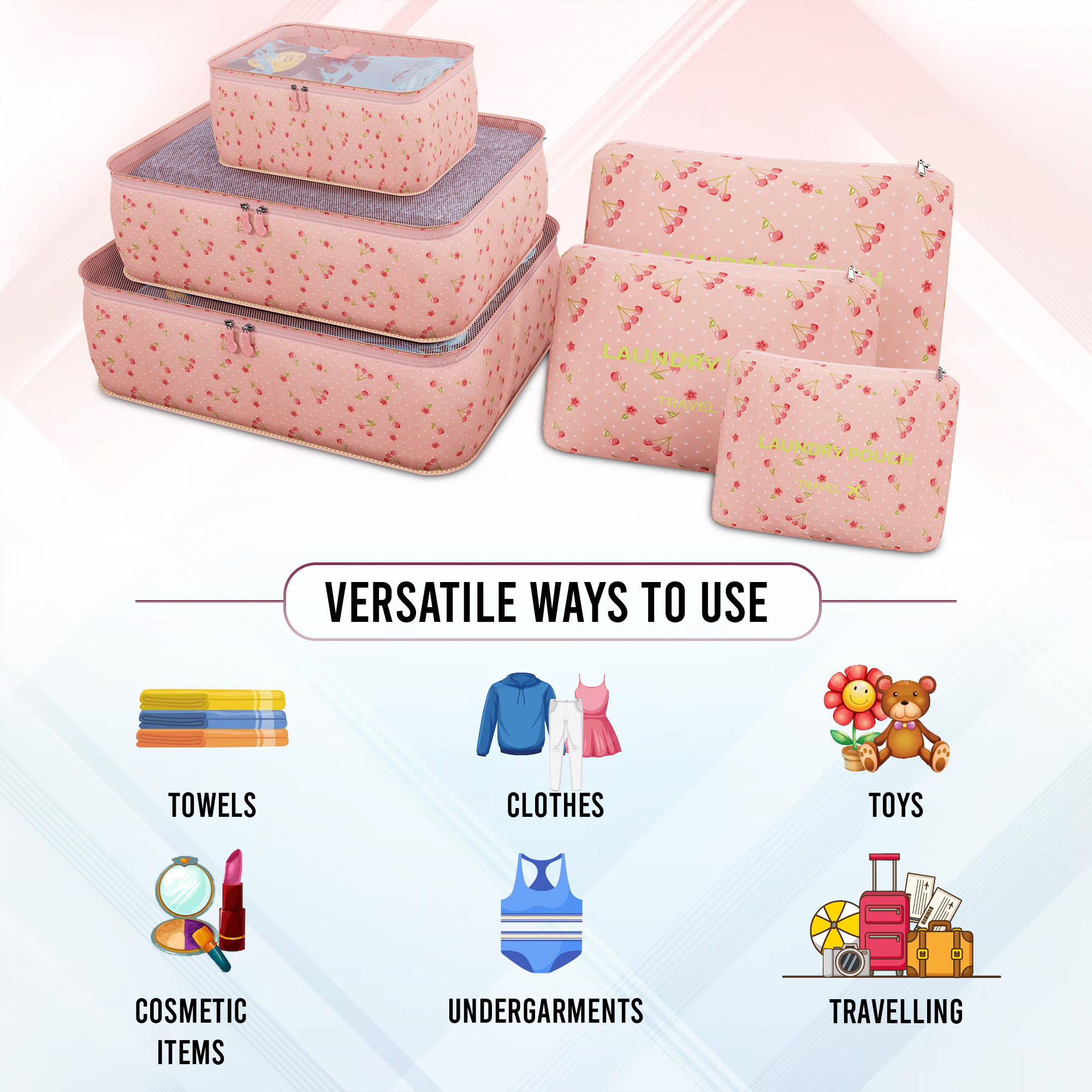 Kuber Industries 6 Pcs Foldable Travel Pouches for Women  Men with Zip  Multi-Size Luggage Organiser Bags for Travel  Packing Cube for ClothesShoesToiletries  YJ-35-PNKC  Cherry - Pink