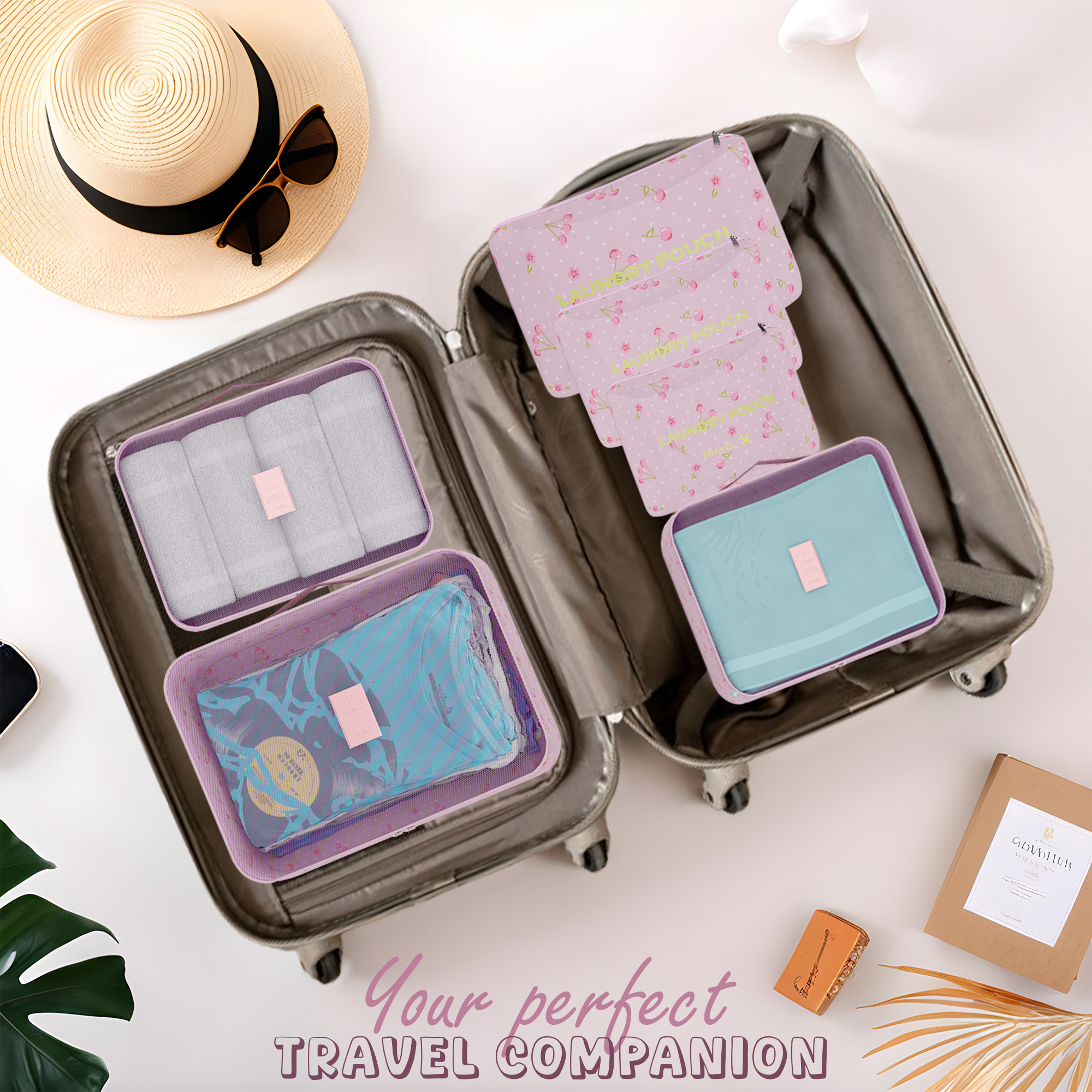 Kuber Industries 6 Pcs Foldable Travel Pouches for Women  Men with Zip  Multi-Size Luggage Organiser Bags for Travel  Packing Cube for ClothesShoesToiletries  YJ-35-PUR  Cherry - Purple