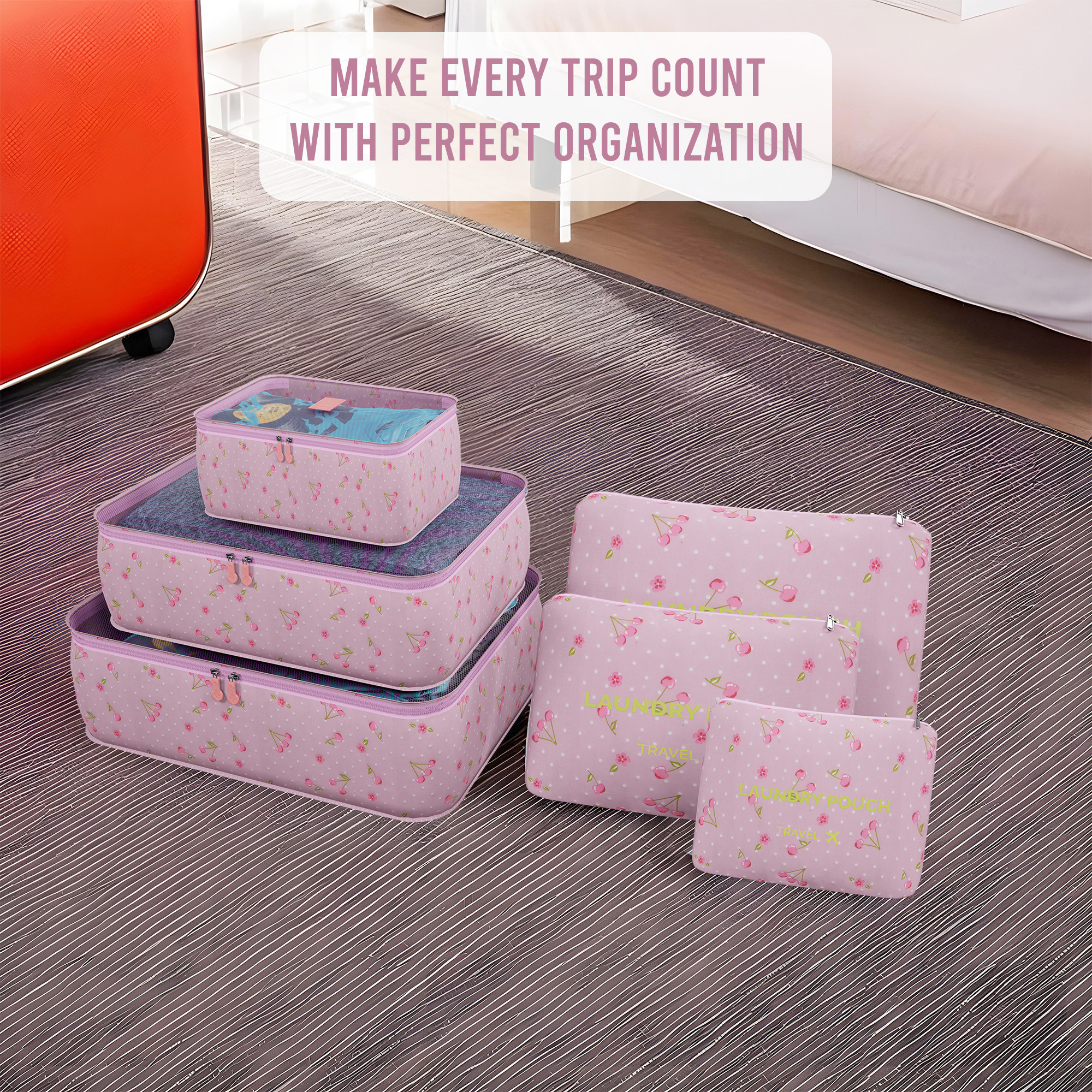 Kuber Industries 6 Pcs Foldable Travel Pouches for Women  Men with Zip  Multi-Size Luggage Organiser Bags for Travel  Packing Cube for ClothesShoesToiletries  YJ-35-PUR  Cherry - Purple