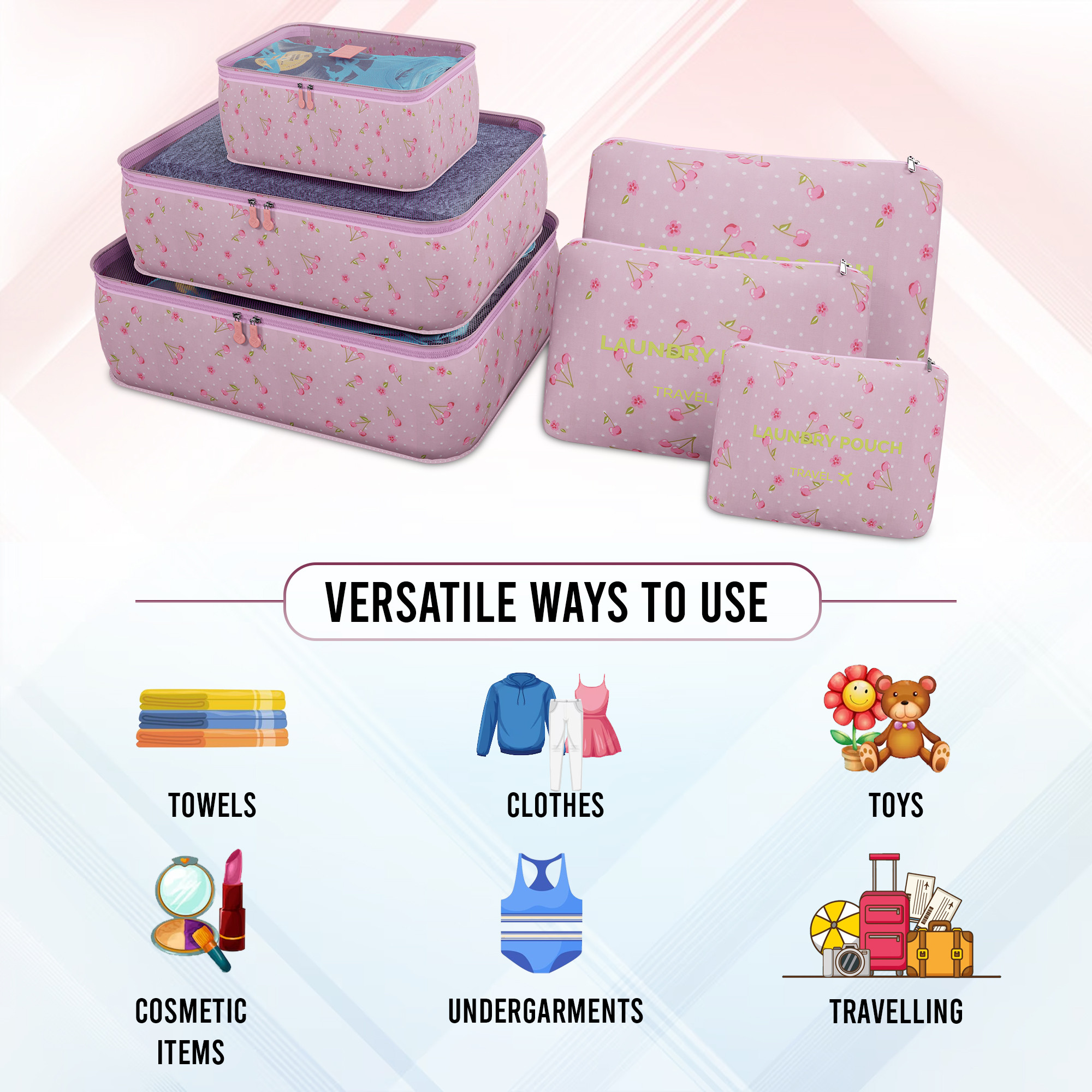 Kuber Industries 6 Pcs Foldable Travel Pouches for Women  Men with Zip  Multi-Size Luggage Organiser Bags for Travel  Packing Cube for ClothesShoesToiletries  YJ-35-PUR  Cherry - Purple