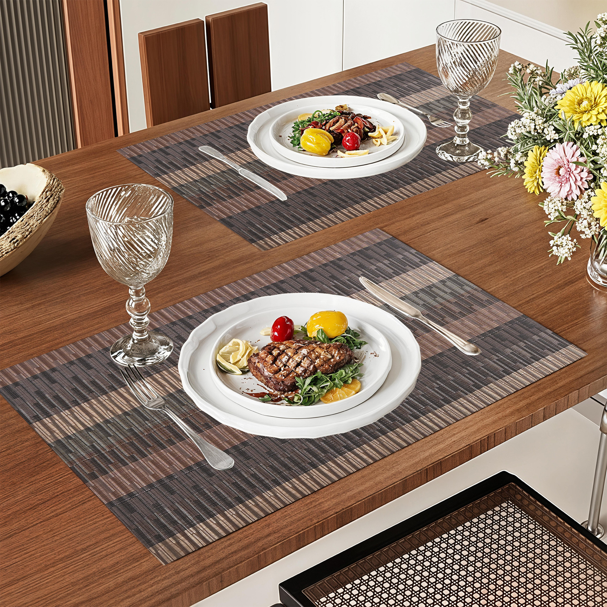 Kuber Industries 6 Pcs PVC Dining Table Mats  12x18 Inch Heat-Resistant Side Table Mat  Placemats for Spills  Stains  Ideal for Tables in Homes  Restaurants  Multi Stripe CPMS 3045 - Brown
