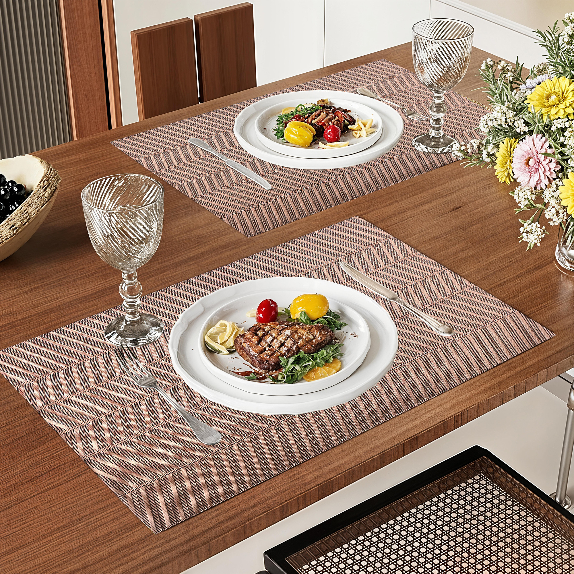 Kuber Industries 6 Pcs PVC Dining Table Mats  12x18 Inch Heat-Resistant Side Table Mat  Placemats for Spills  Stains  Ideal for Tables in Homes  Restaurants  Diamond CPBD 3045 -Copper  Black