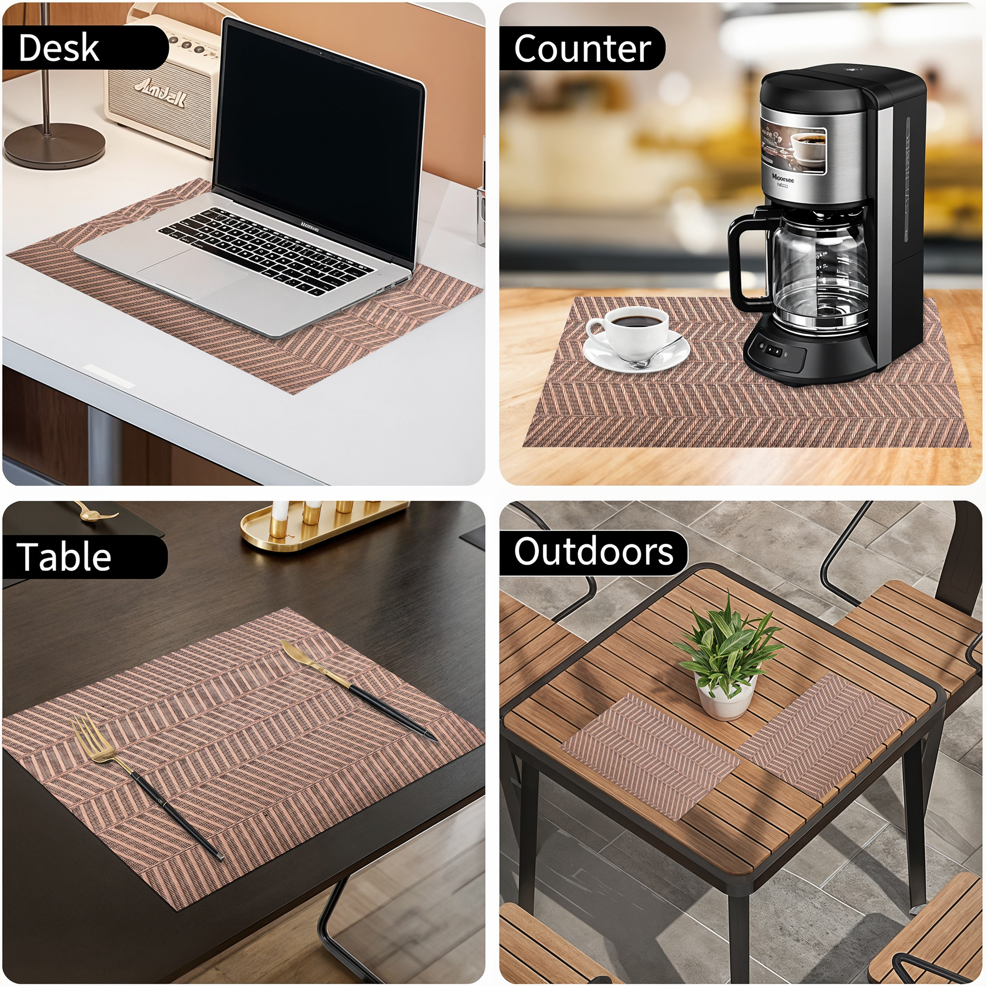 Kuber Industries 6 Pcs PVC Dining Table Mats  12x18 Inch Heat-Resistant Side Table Mat  Placemats for Spills  Stains  Ideal for Tables in Homes  Restaurants  Diamond CPBD 3045 -Copper  Black