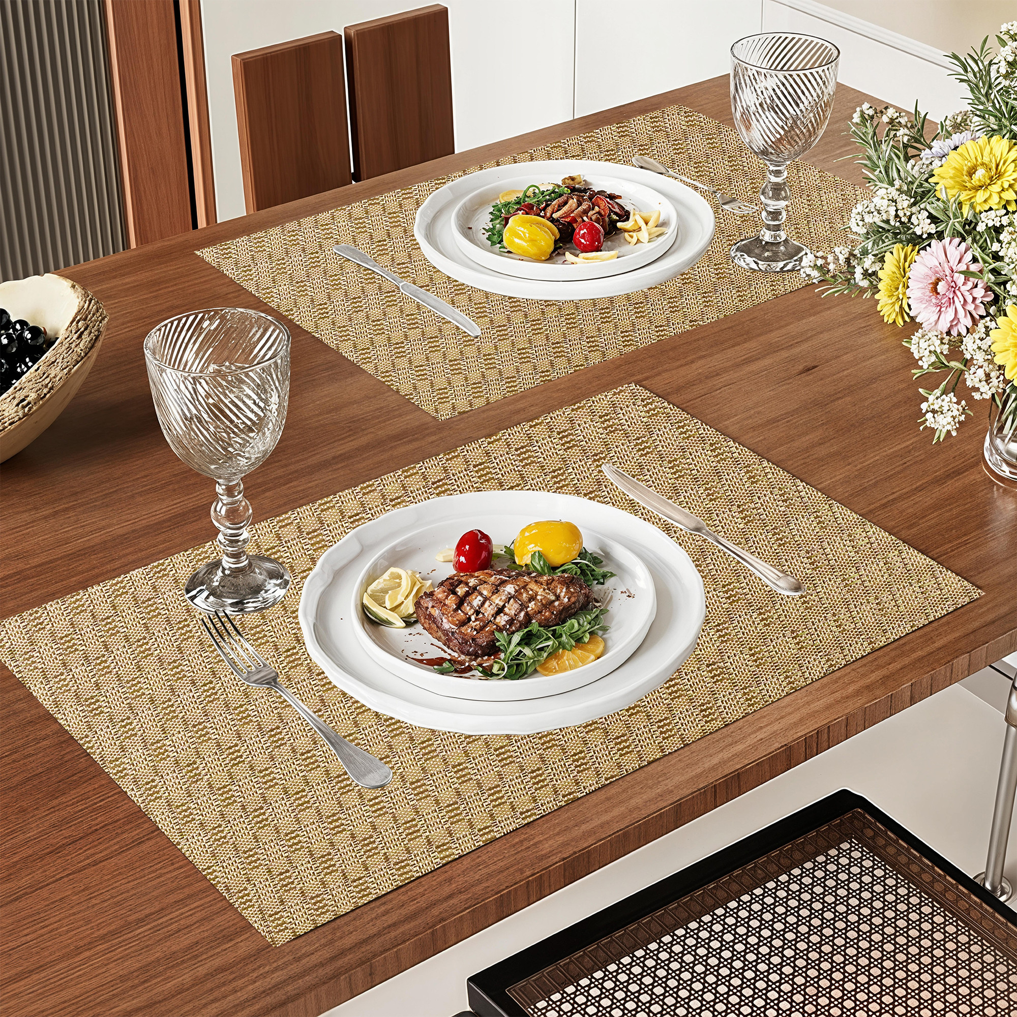 Kuber Industries 6 Pcs PVC Dining Table Mats  12x18 Inch Heat-Resistant Side Table Mat  Placemats for Spills  Stains  Ideal for Tables in Homes  Restaurants  Check CPG 3045 - Golden