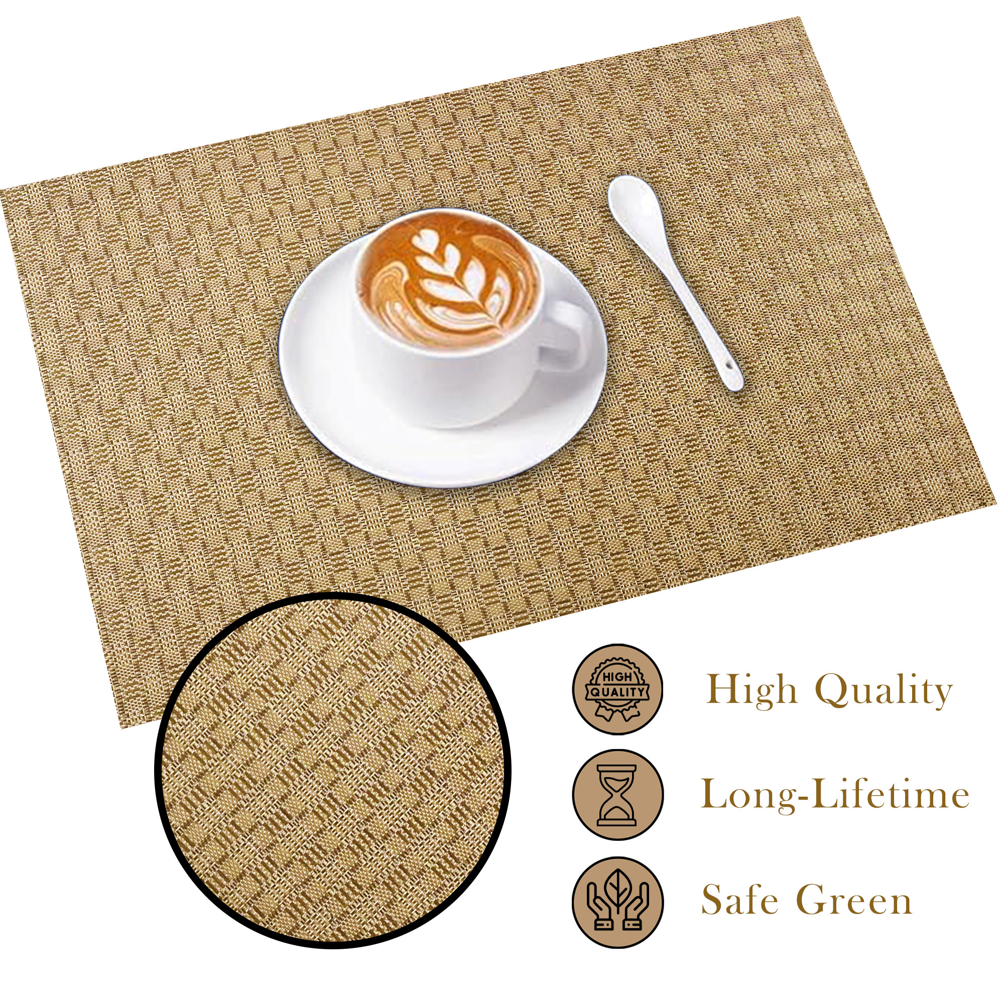 Kuber Industries 6 Pcs PVC Dining Table Mats  12x18 Inch Heat-Resistant Side Table Mat  Placemats for Spills  Stains  Ideal for Tables in Homes  Restaurants  Check CPG 3045 - Golden