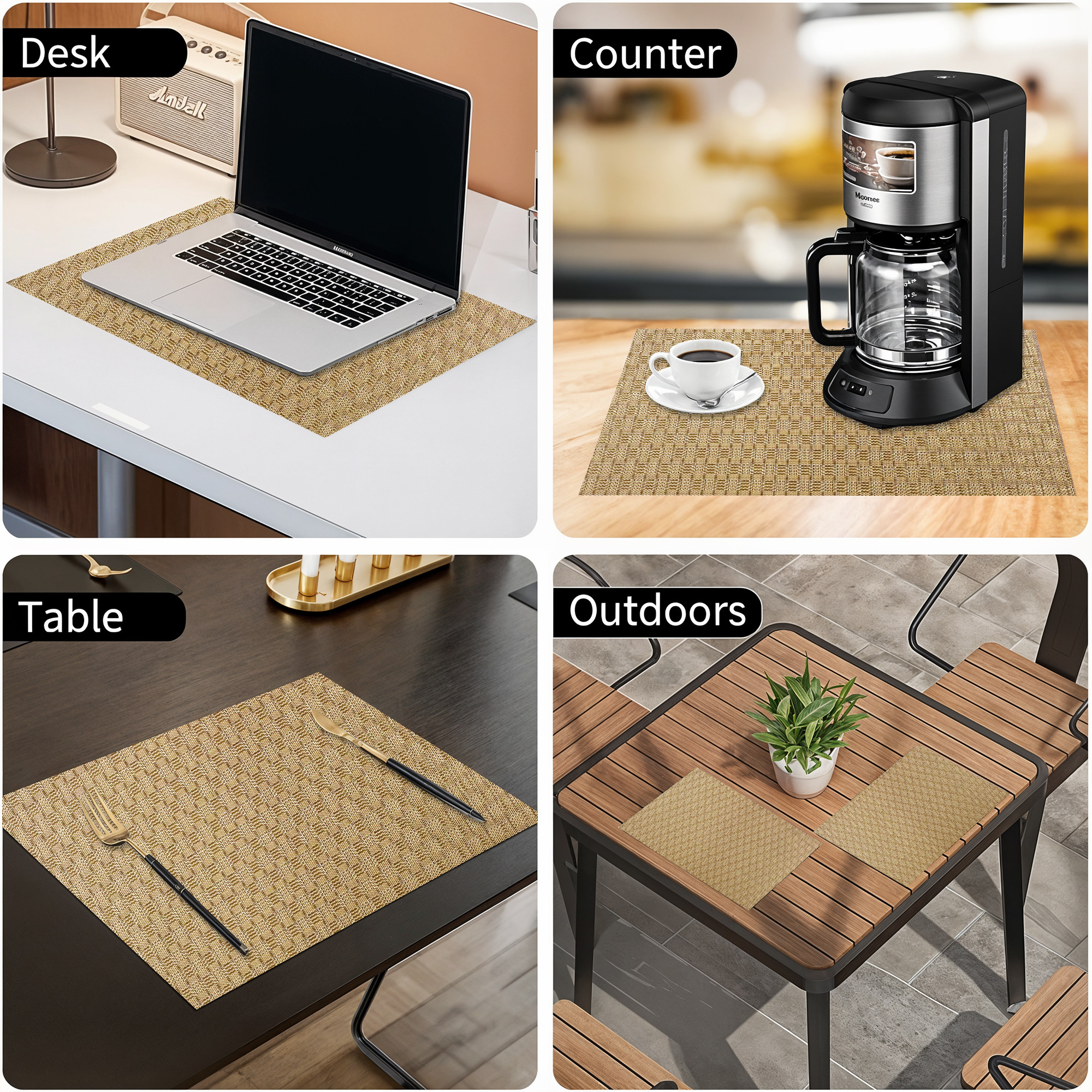 Kuber Industries 6 Pcs PVC Dining Table Mats  12x18 Inch Heat-Resistant Side Table Mat  Placemats for Spills  Stains  Ideal for Tables in Homes  Restaurants  Check CPG 3045 - Golden