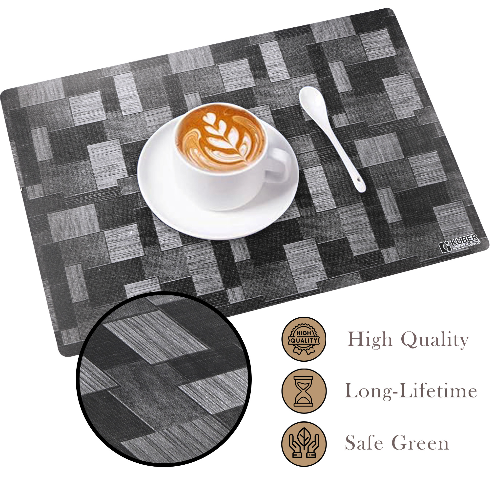 Kuber Industries 6 Pcs PVC Waterproof Placemats for Dining Table  12x18 Inch Washable Dinner Table Mat for Spills  Stains  Placemats for Home  Outdoor  New Check- Grey