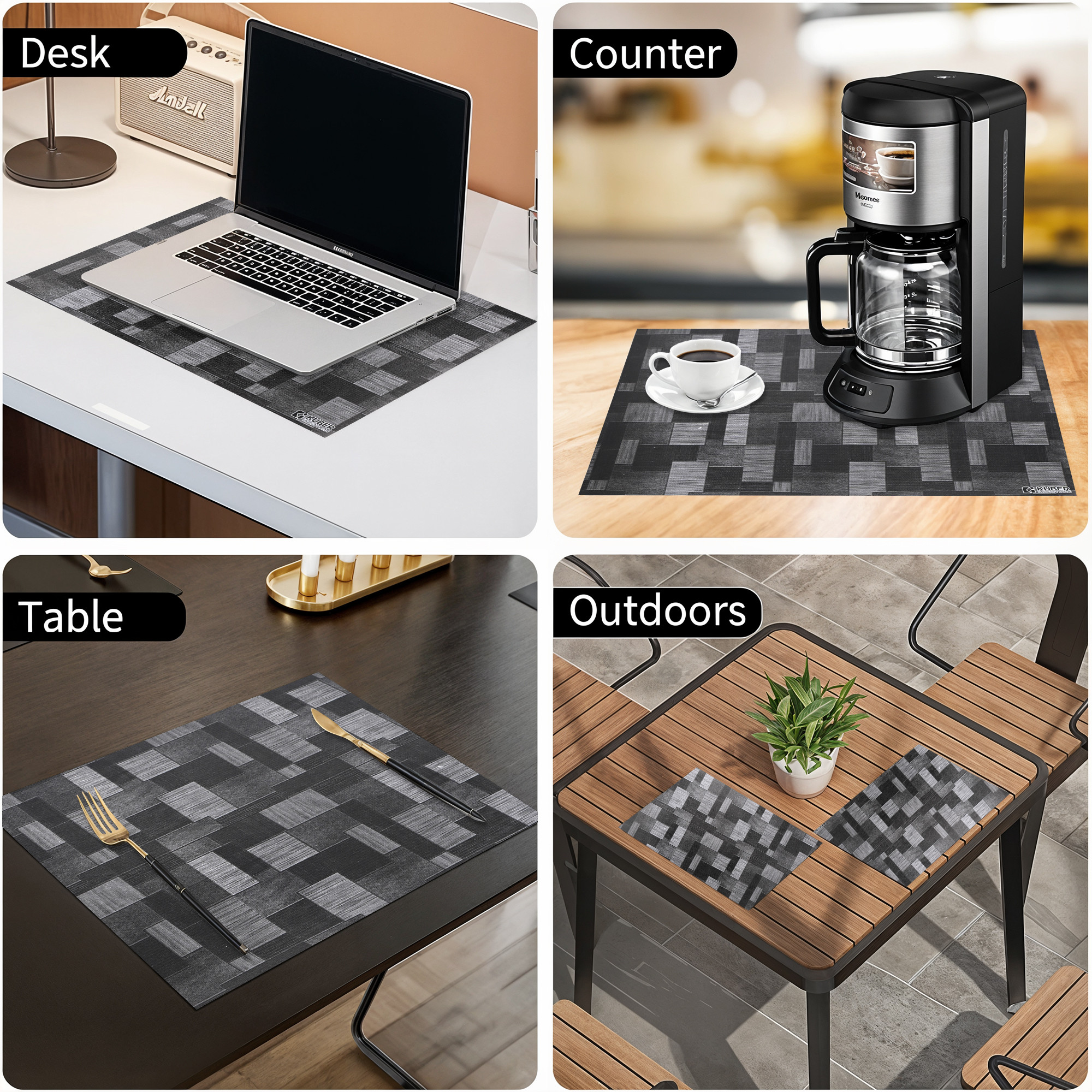 Kuber Industries 6 Pcs PVC Waterproof Placemats for Dining Table  12x18 Inch Washable Dinner Table Mat for Spills  Stains  Placemats for Home  Outdoor  New Check- Grey