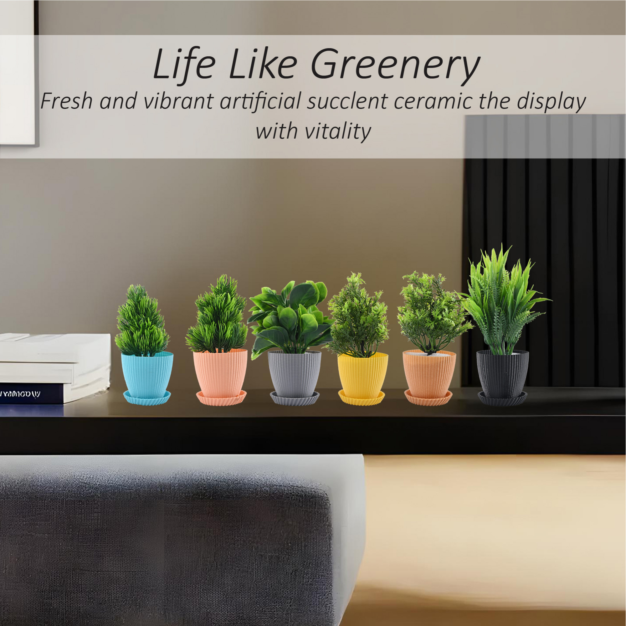 Kuber Industries 6 Pcs Set Plastic Mini Artificial Plants with Pot  Table Top  TV Unit Decorative Items for Living Room  Faux Plants for Home Decor  Office Desk  1002 - Multicolor