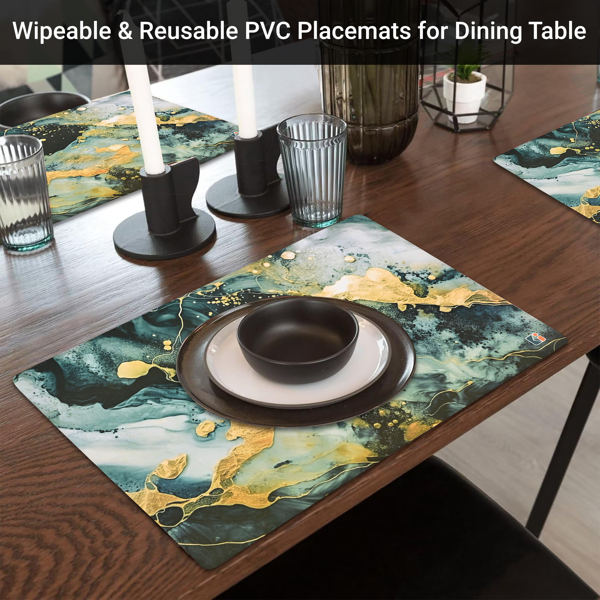 Kuber Industries 6 Pcs Set Wipeable  Reusable PVC Placemats for Dining Table  Food Mats  Dining Table Accessories for Home Bedroom  Kitchen  Marble Print - Sea Green  Yellow