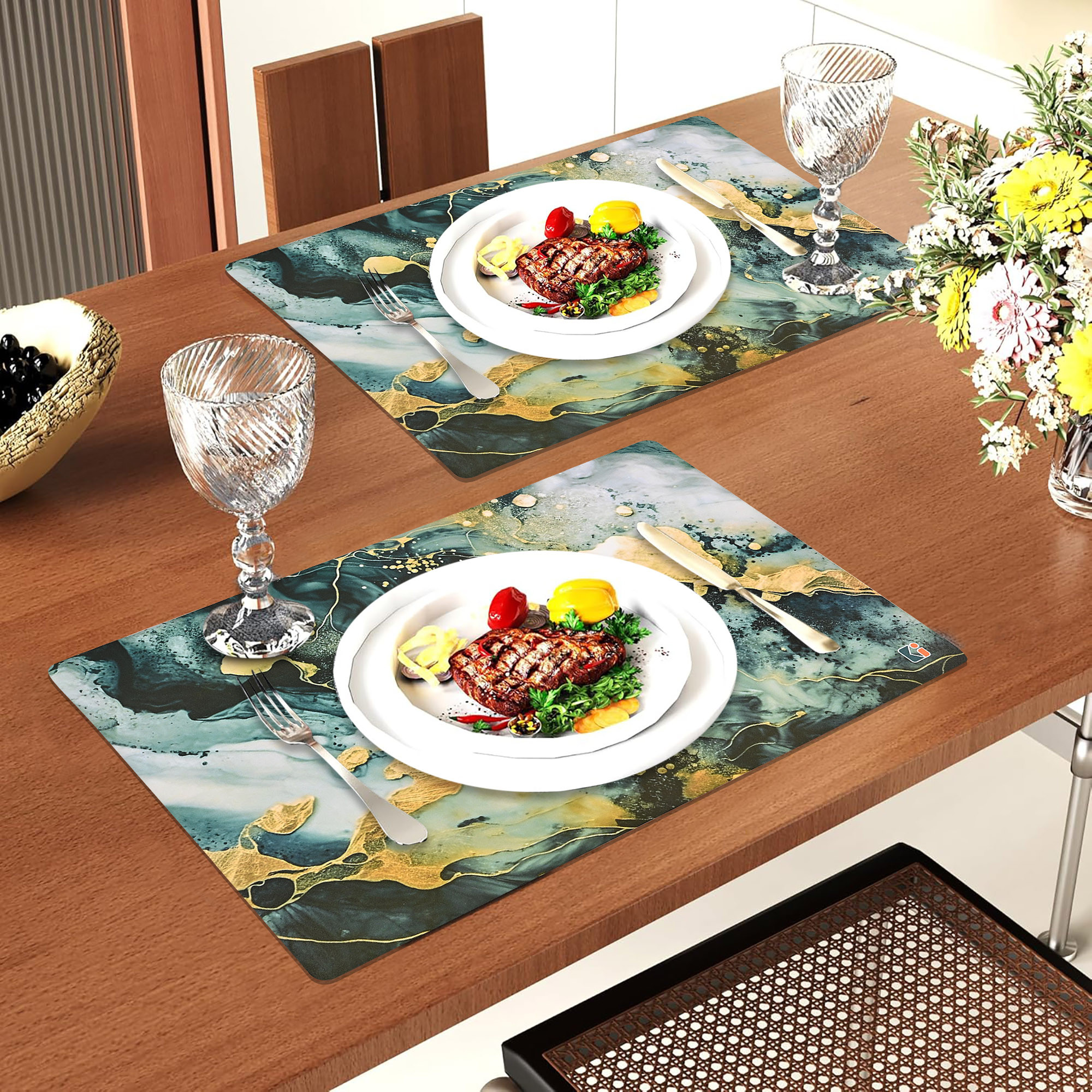 Kuber Industries 6 Pcs Set Wipeable  Reusable PVC Placemats for Dining Table  Food Mats  Dining Table Accessories for Home Bedroom  Kitchen  Marble Print - Sea Green  Yellow