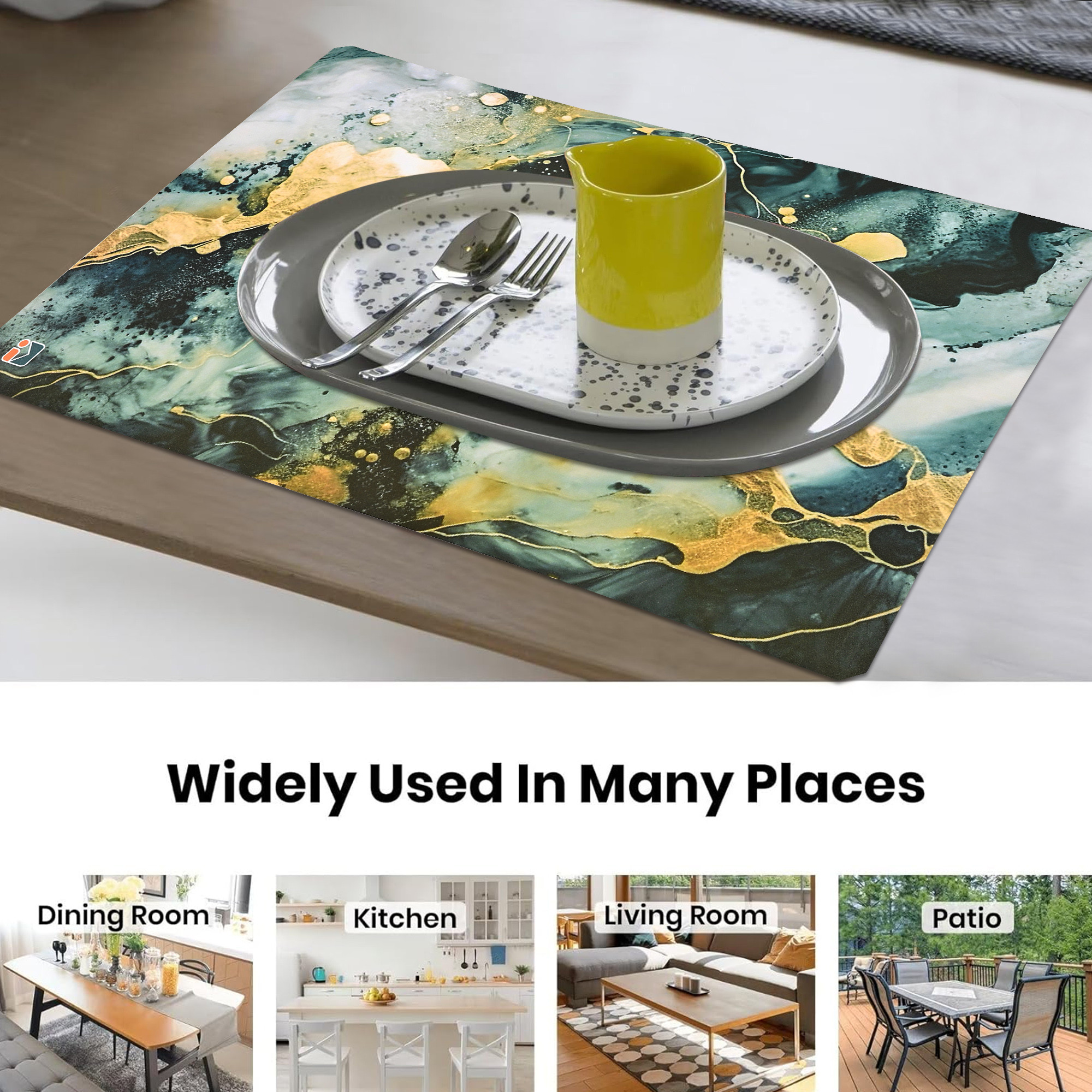 Kuber Industries 6 Pcs Set Wipeable  Reusable PVC Placemats for Dining Table  Food Mats  Dining Table Accessories for Home Bedroom  Kitchen  Marble Print - Sea Green  Yellow
