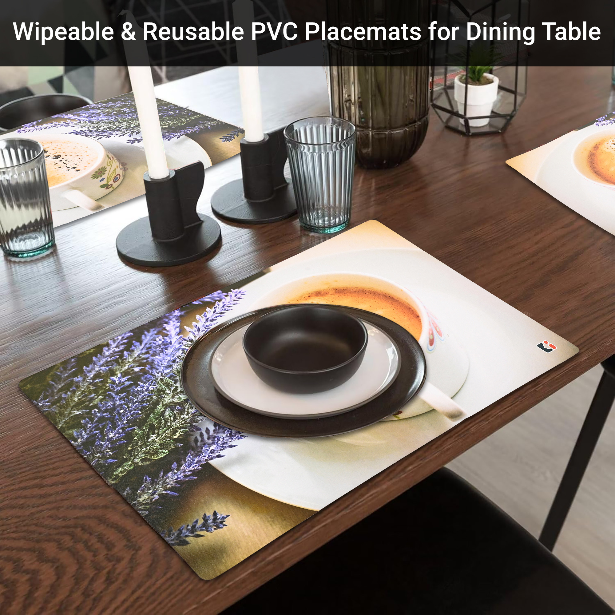 Kuber Industries 6 Pcs Set Wipeable  Reusable PVC Placemats for Dining Table  Food Mats  Dining Table Accessories for Home Bedroom  Kitchen  Cup Print - White