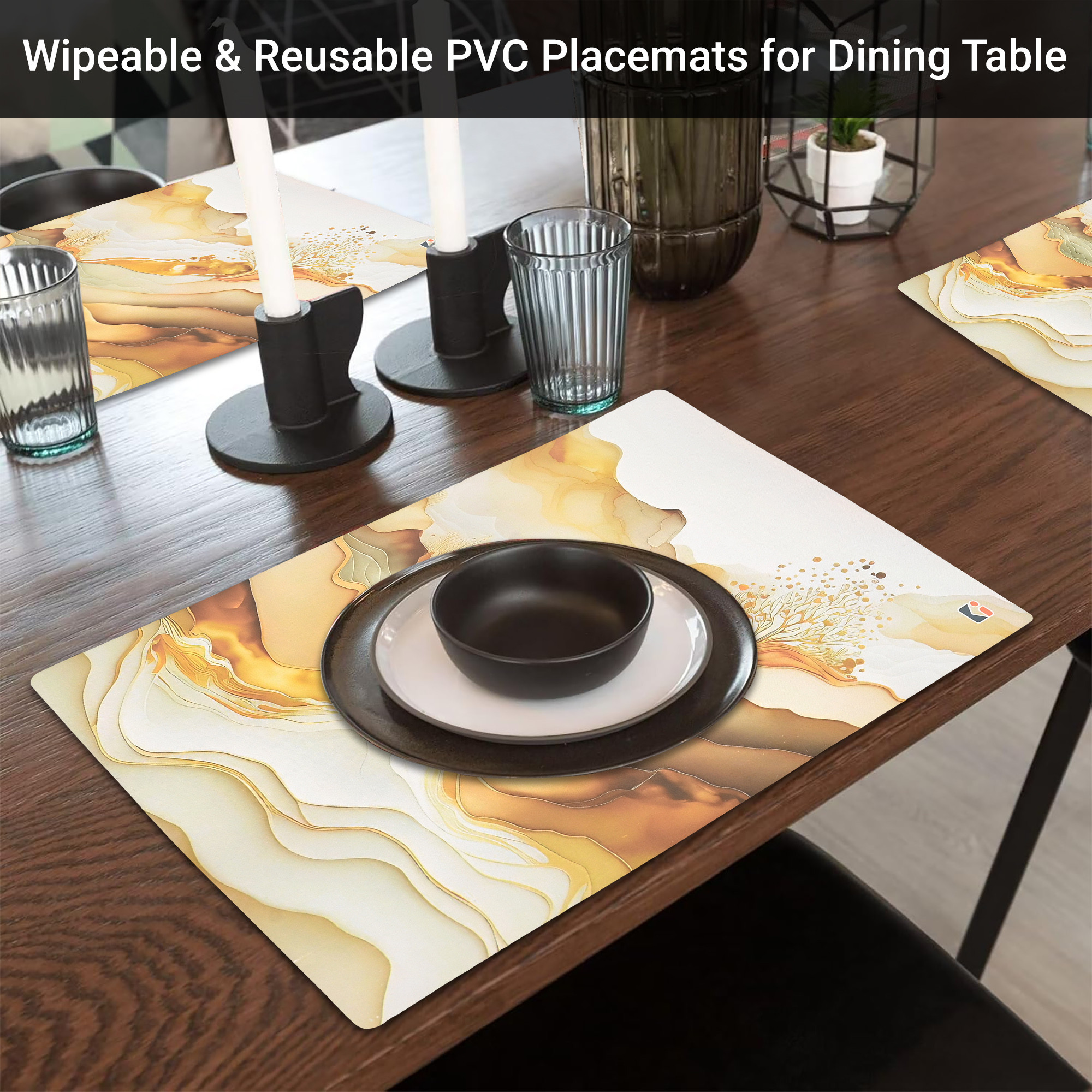 Kuber Industries 6 Pcs Set Wipeable  Reusable PVC Placemats for Dining Table  Food Mats  Dining Table Accessories for Home Bedroom  Kitchen  Marble Print - Cream  Gold
