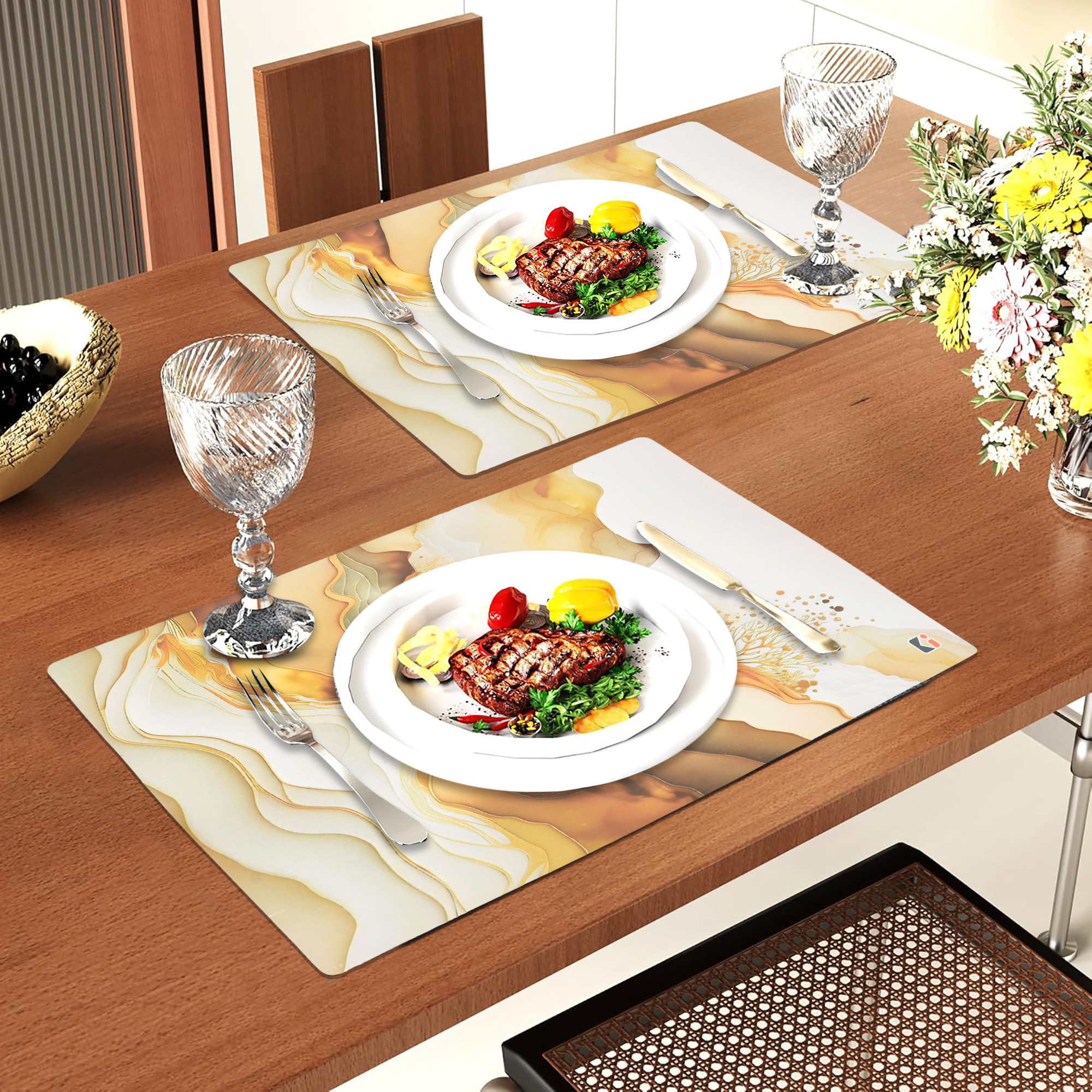 Kuber Industries 6 Pcs Set Wipeable  Reusable PVC Placemats for Dining Table  Food Mats  Dining Table Accessories for Home Bedroom  Kitchen  Marble Print - Cream  Gold