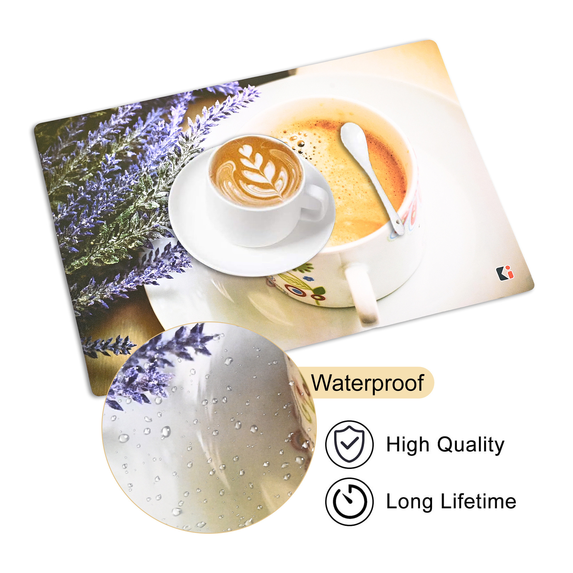 Kuber Industries 6 Pcs Set Wipeable  Reusable PVC Placemats for Dining Table  Food Mats  Dining Table Accessories for Home Bedroom  Kitchen  Cup Print - White