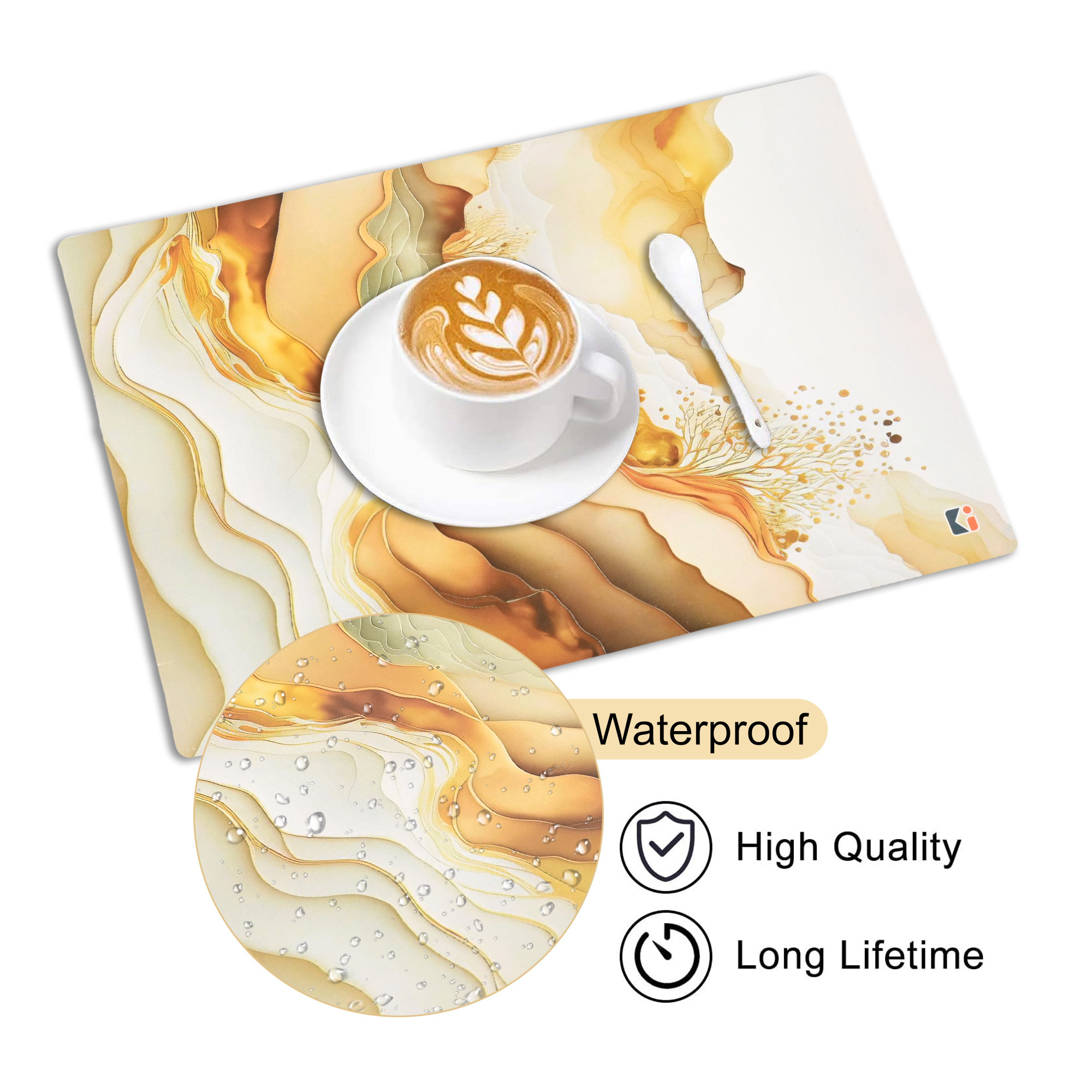 Kuber Industries 6 Pcs Set Wipeable  Reusable PVC Placemats for Dining Table  Food Mats  Dining Table Accessories for Home Bedroom  Kitchen  Marble Print - Cream  Gold