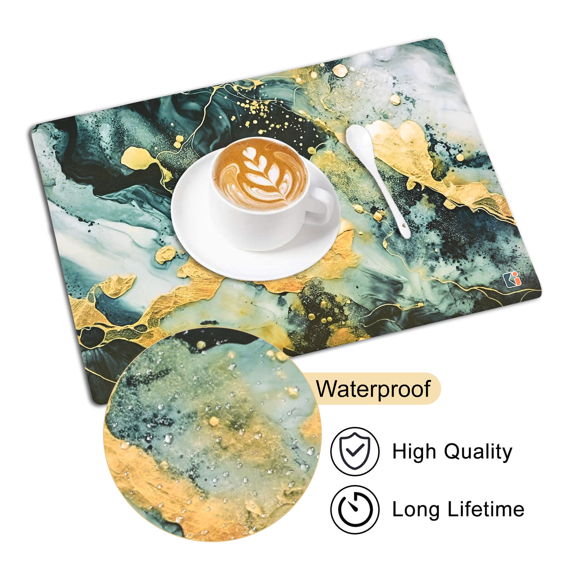 Kuber Industries 6 Pcs Set Wipeable  Reusable PVC Placemats for Dining Table  Food Mats  Dining Table Accessories for Home Bedroom  Kitchen  Marble Print - Sea Green  Yellow