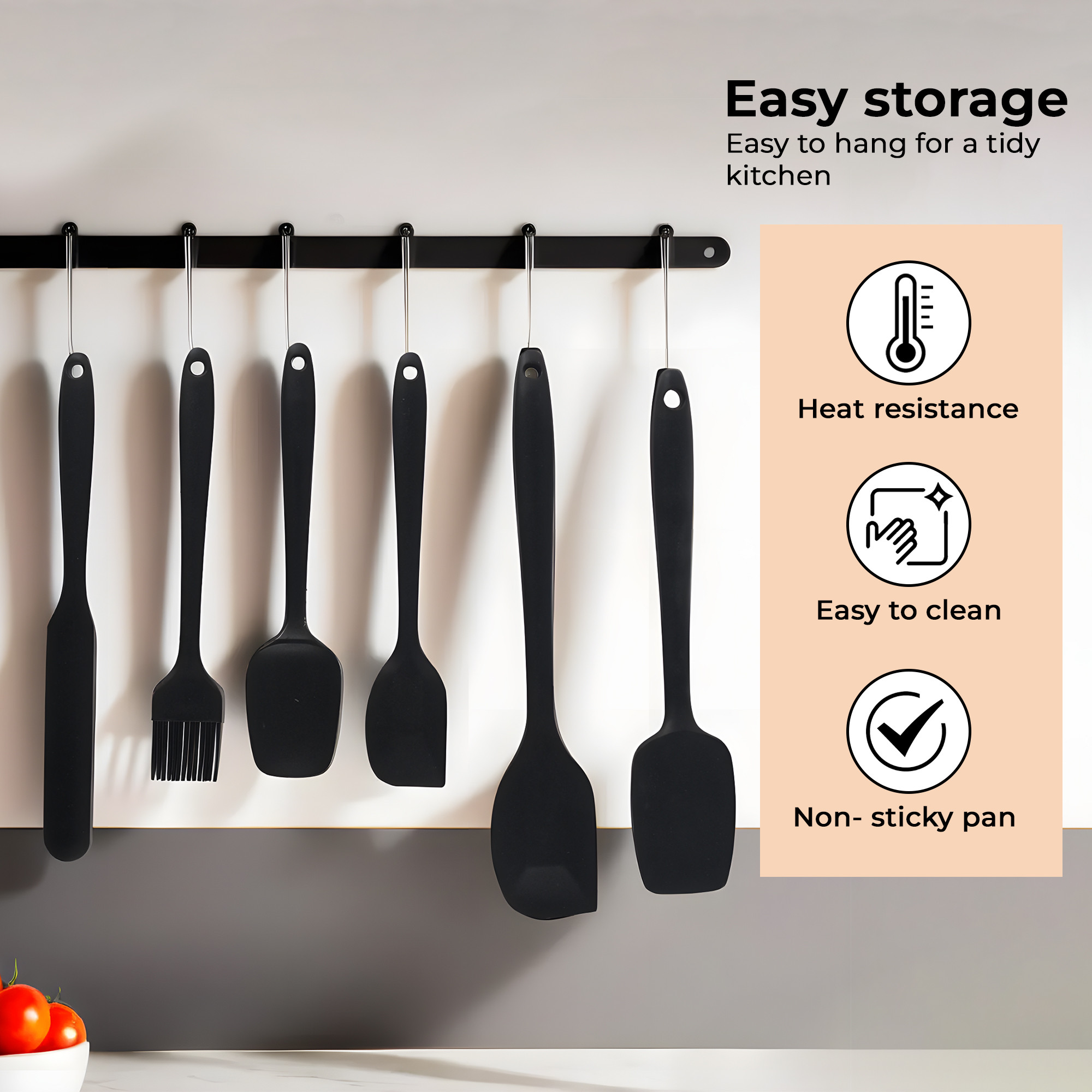 Kuber Industries 6 Pcs Silicone Nonstick Spatula Set  Heat Resistant Spatula for Kitchen  Kitchen Accessories Items for Cooking Baking  Mixing  HW-3-BLK  Black