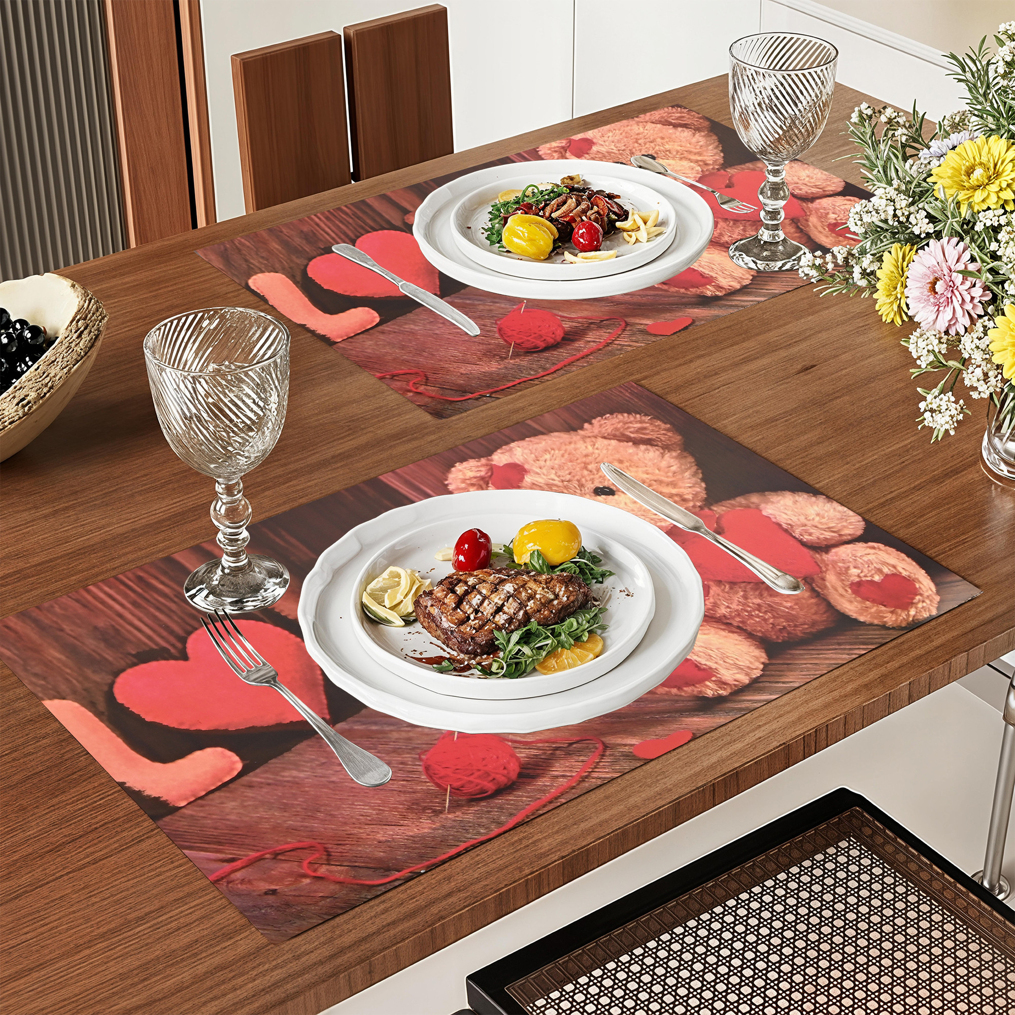 Kuber Industries 6 Pcs Waterproof  Heat Resistant Food Placemats for Dining Table 12x18 Inches  Wipeable Dining Table Accessories for Home  Kitchen  Teddy Bear Print - Brown