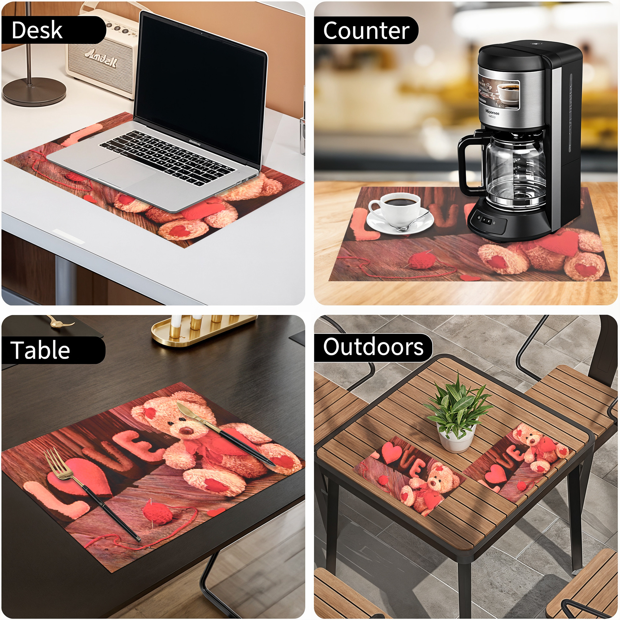 Kuber Industries 6 Pcs Waterproof  Heat Resistant Food Placemats for Dining Table 12x18 Inches  Wipeable Dining Table Accessories for Home  Kitchen  Teddy Bear Print - Brown