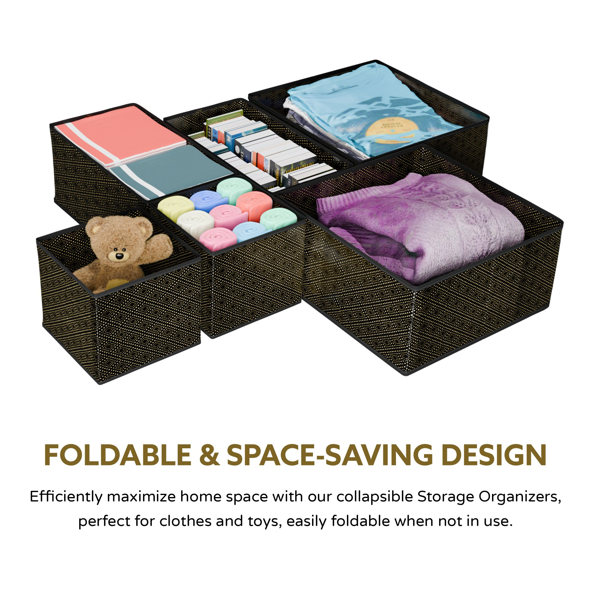 Kuber Industries 6 Piece Foldable Drawer Organizer  Wardrobe Organizer for Clothes  Storage Box for Socks Bra Tie and Scarfs  Stationary  Cabinet Organizer  Dot-Print  Black