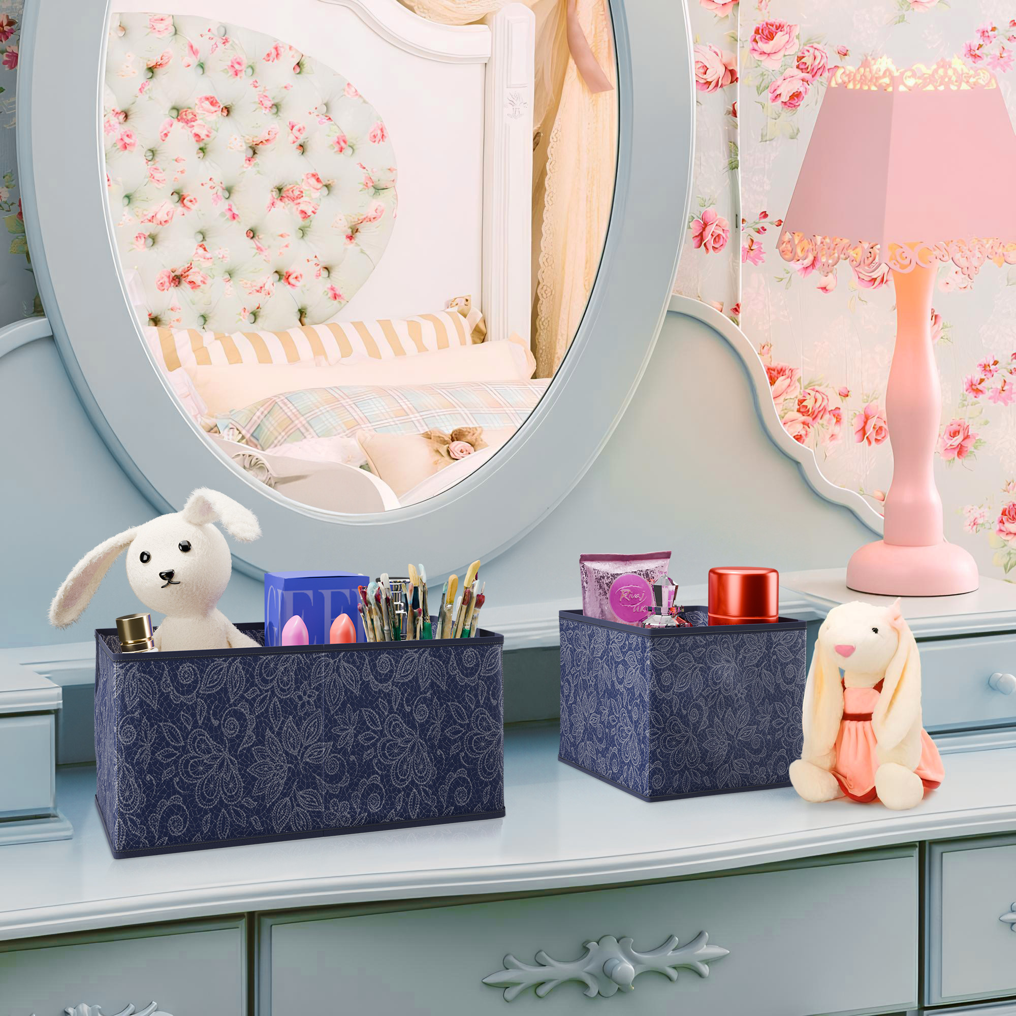 Kuber Industries 6 Piece Foldable Drawer Organizer  Wardrobe Organizer for Clothes  Storage Box for Socks Bra Tie and Scarfs  Stationary  Cabinet Organizer  Flower  Navy Blue