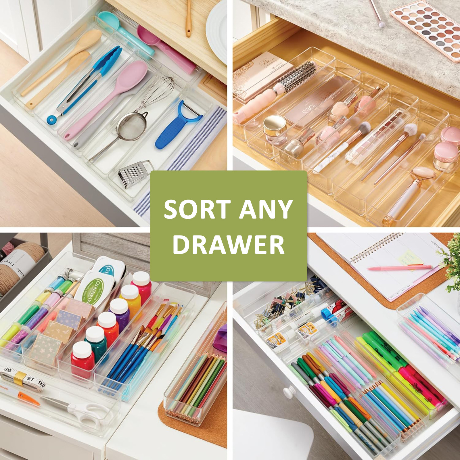 Kuber Industries 6 Piece Set Storage Organizer 6x Kitchen  Makeup Organizer Tray Set  Drawer Divider Tray  Multi-Purpose Desk Organizer  Stationery Organizer  Transparent