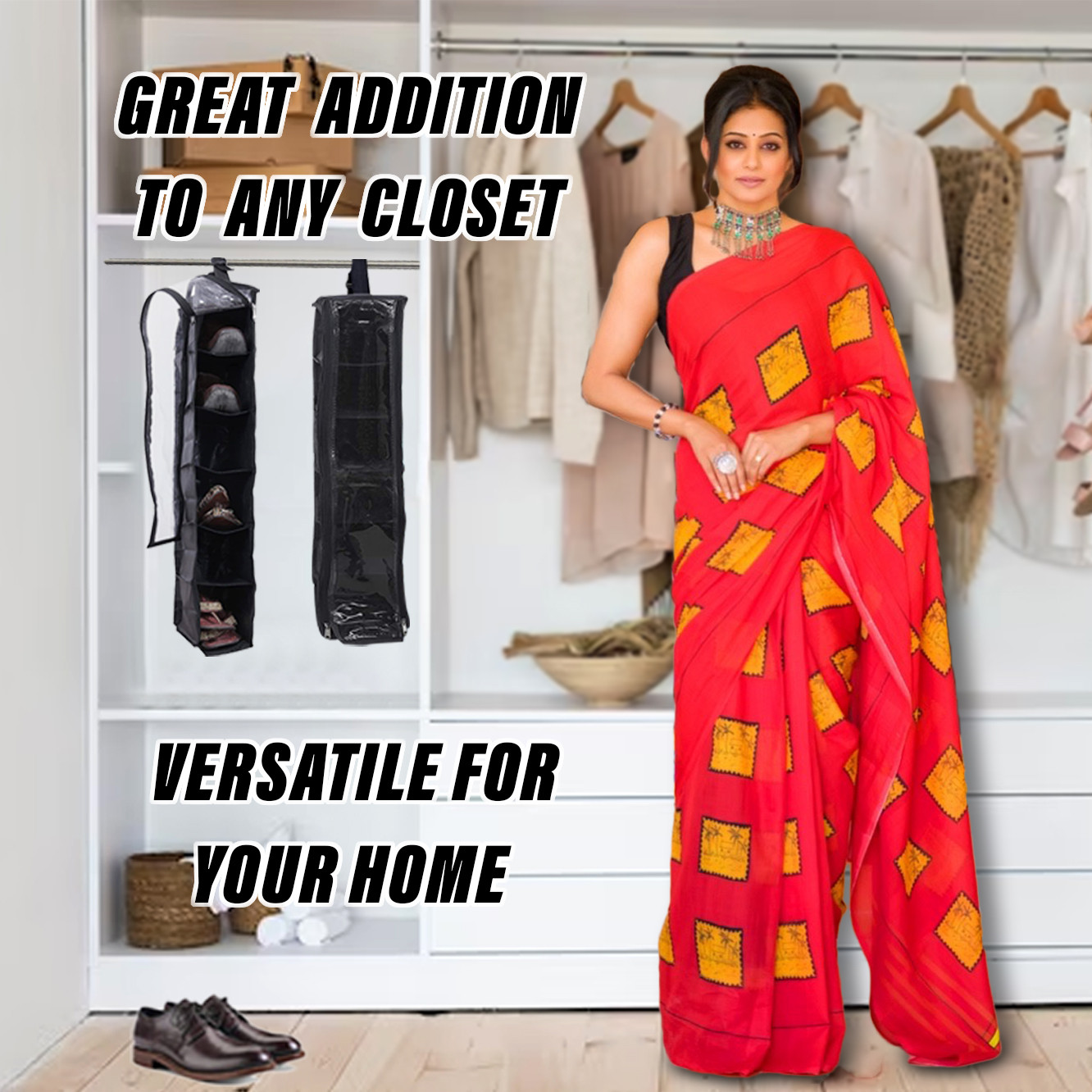 Kuber Industries 6 Shelf Hanging Shoes Organizer  Non Woven Foldable Closet Organizer  Wardrobe Organizer with Side Pocket Pack of 2 Black