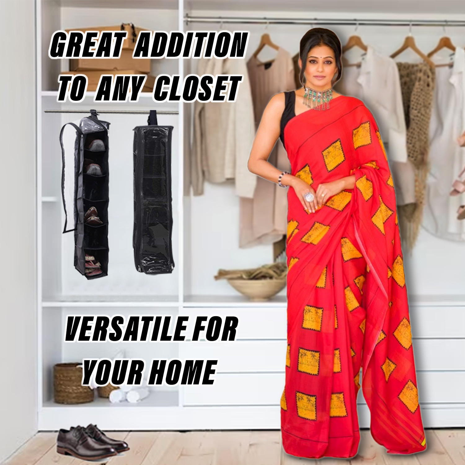 Kuber Industries 6 Shelf Hanging Shoes Organizer  Non Woven Foldable Closet Organizer  Wardrobe Organizer with Side Pocket  Black