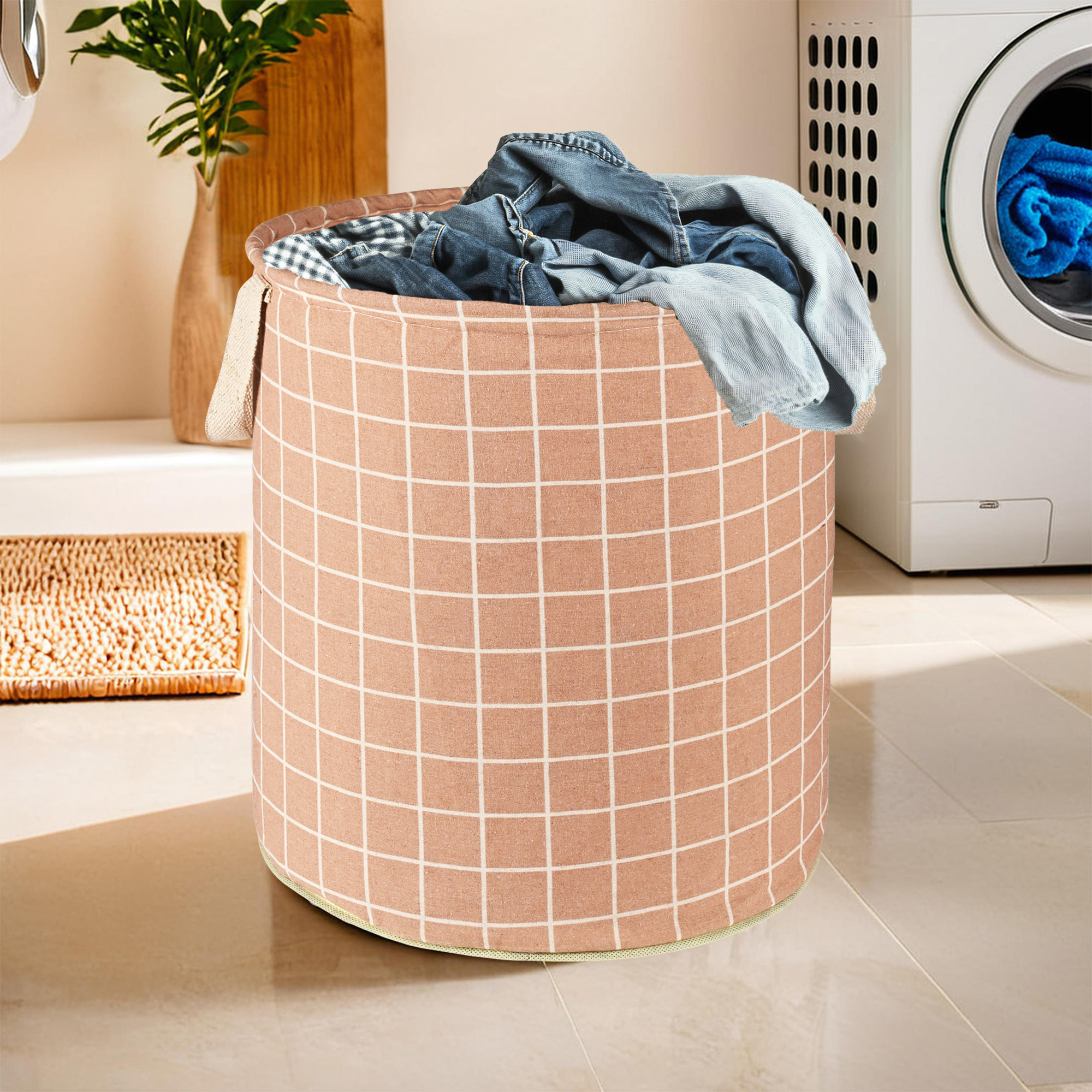 Kuber Industries 60 LTR Foldable  Portable Laundry Basket for Clothes with Carry Handles  Durable  Easy To Clean Laundry Towel  Toy Bag for Kids Storage  Check- Brown