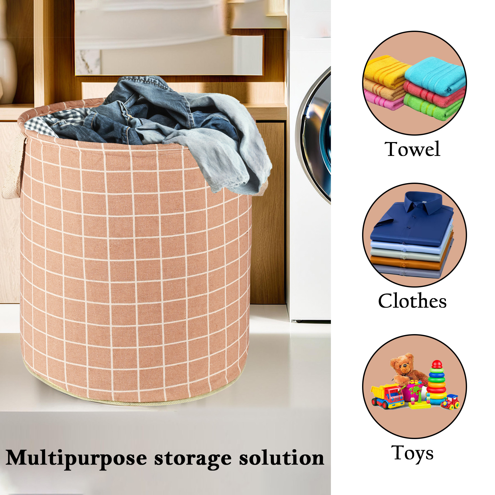 Kuber Industries 60 LTR Foldable  Portable Laundry Basket for Clothes with Carry Handles  Durable  Easy To Clean Laundry Towel  Toy Bag for Kids Storage  Check- Brown