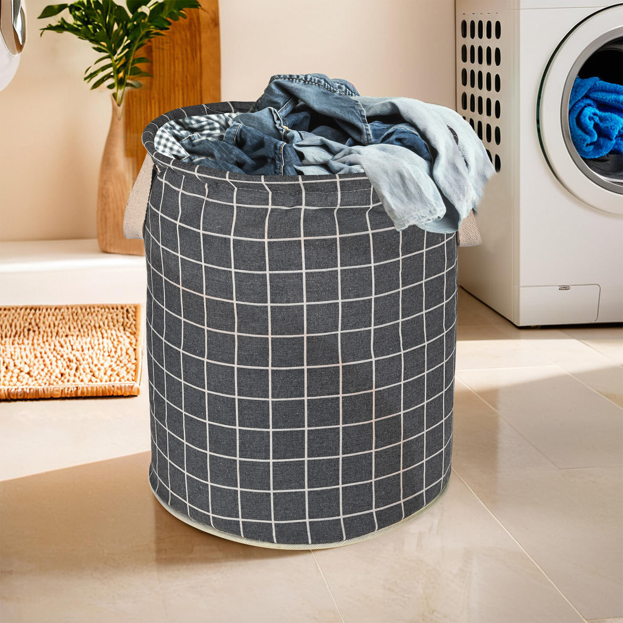 Kuber Industries 60 LTR Foldable  Portable Laundry Basket for Clothes with Carry Handles  Durable  Easy To Clean Laundry Towel  Toy Bag for Kids Storage  Check- Dark Grey