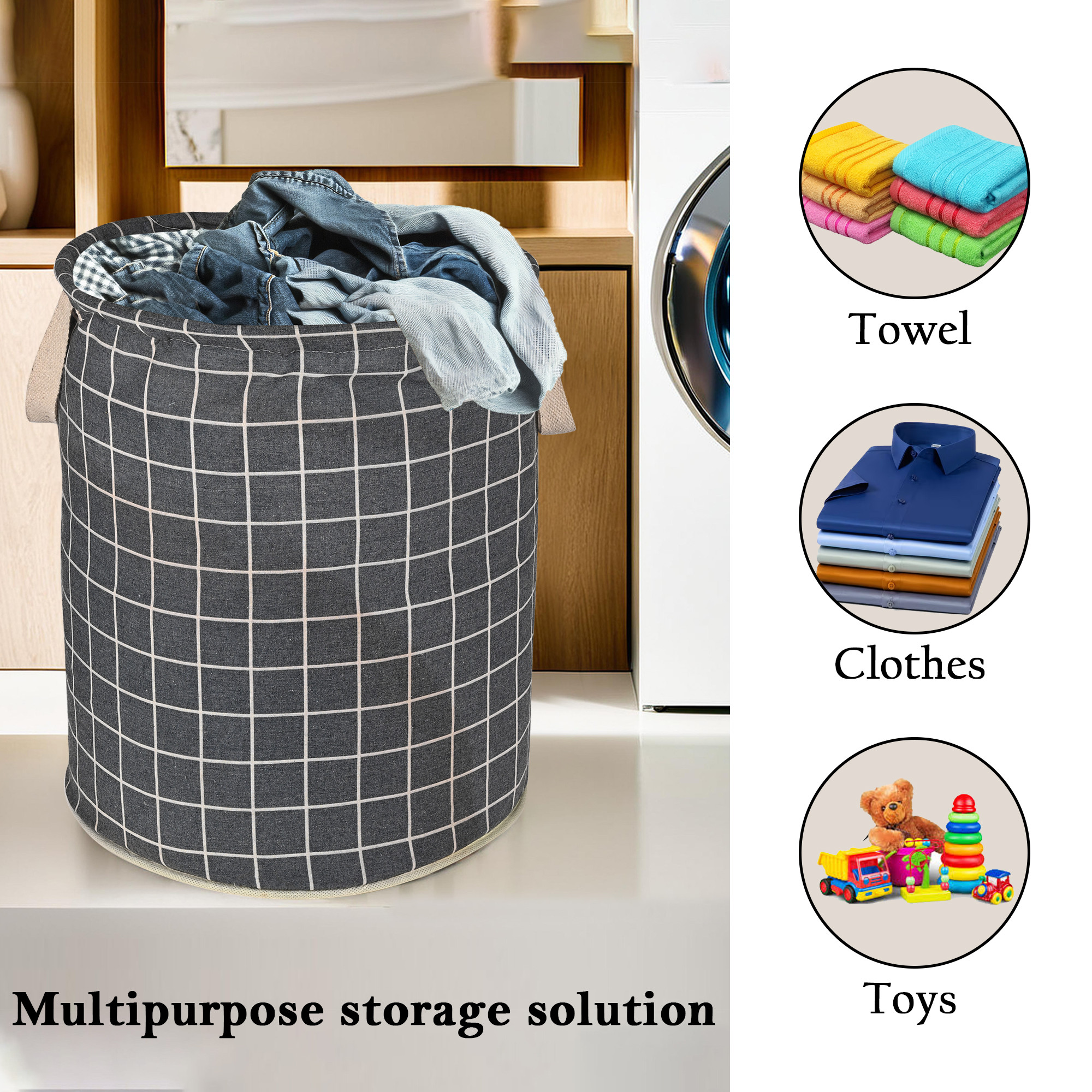 Kuber Industries 60 LTR Foldable  Portable Laundry Basket for Clothes with Carry Handles  Durable  Easy To Clean Laundry Towel  Toy Bag for Kids Storage  Check- Dark Grey
