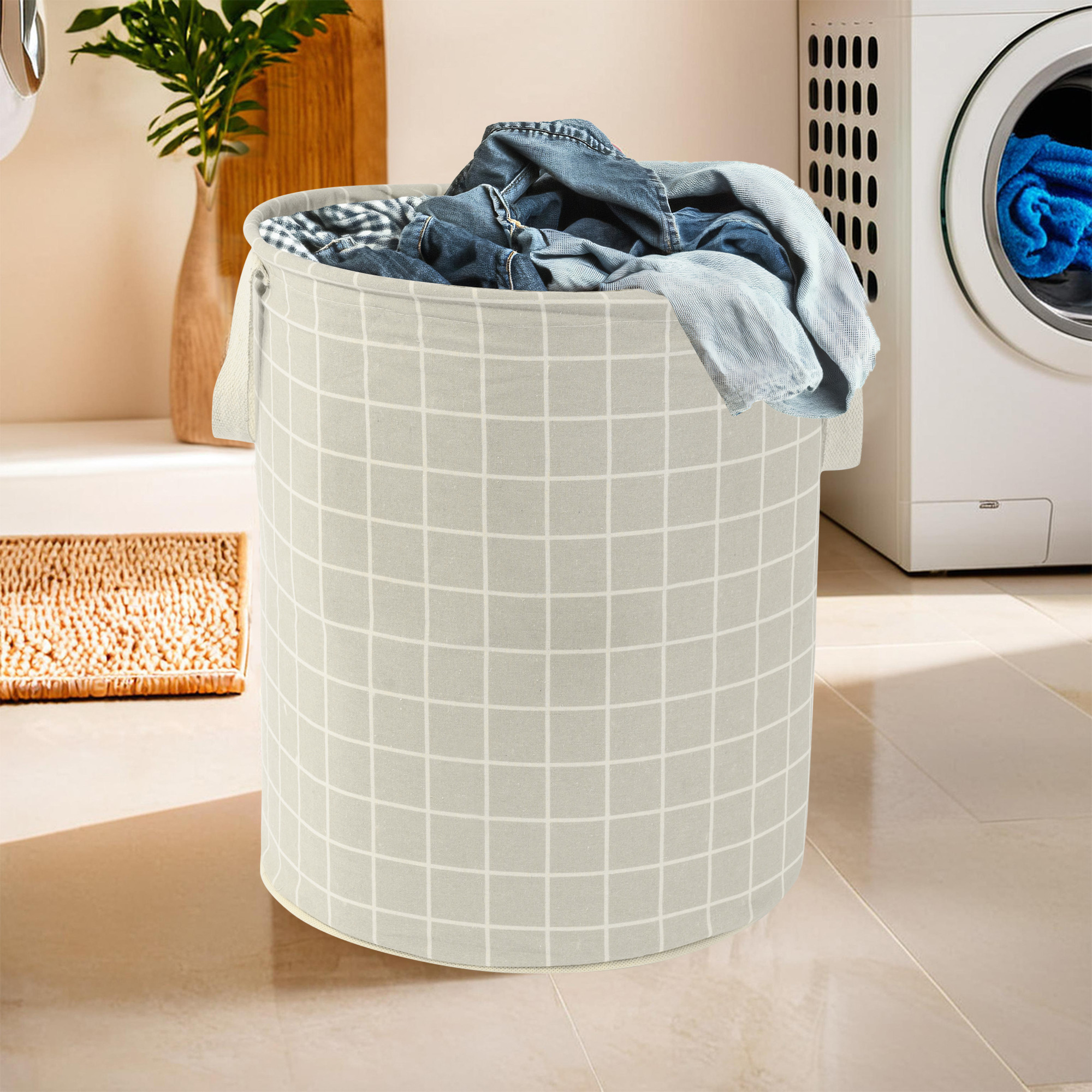 Kuber Industries 60 LTR Foldable  Portable Laundry Basket for Clothes with Carry Handles  Durable  Easy To Clean Laundry Towel  Toy Bag for Kids Storage  Check- Light Grey