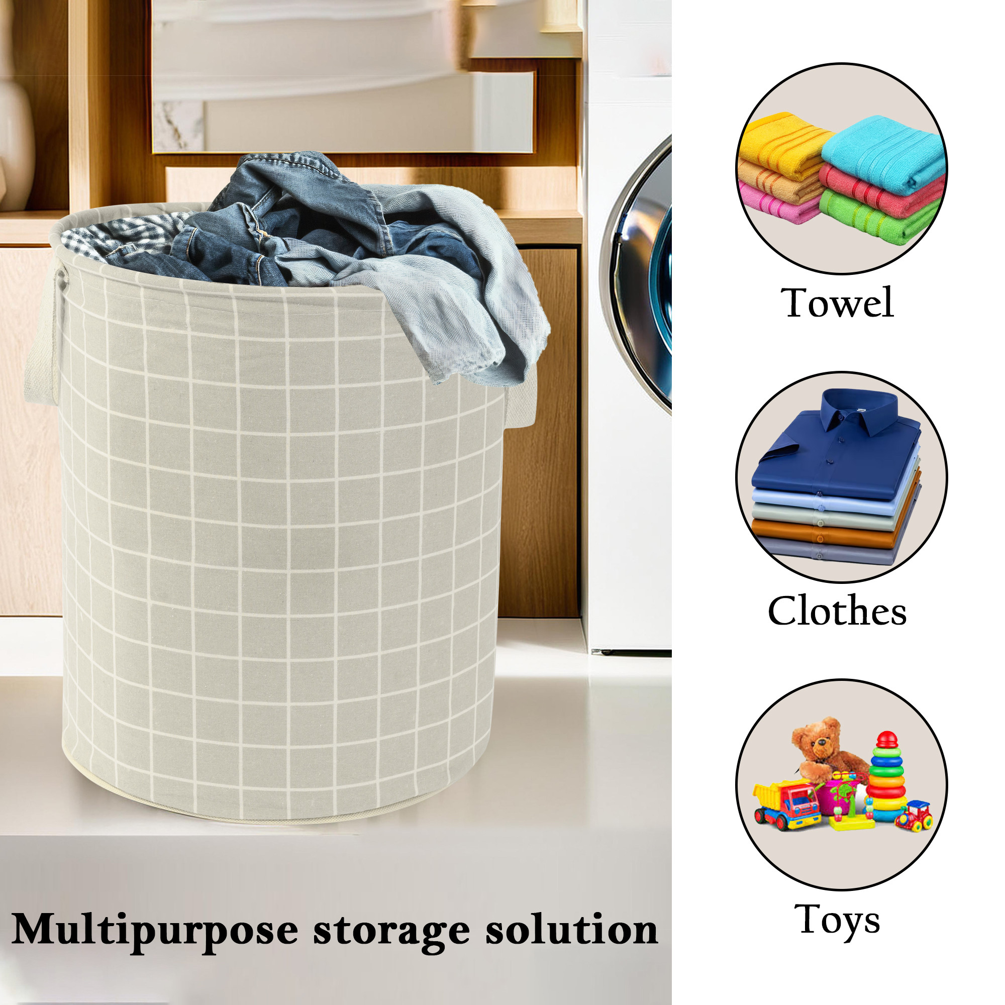 Kuber Industries 60 LTR Foldable  Portable Laundry Basket for Clothes with Carry Handles  Durable  Easy To Clean Laundry Towel  Toy Bag for Kids Storage  Check- Light Grey