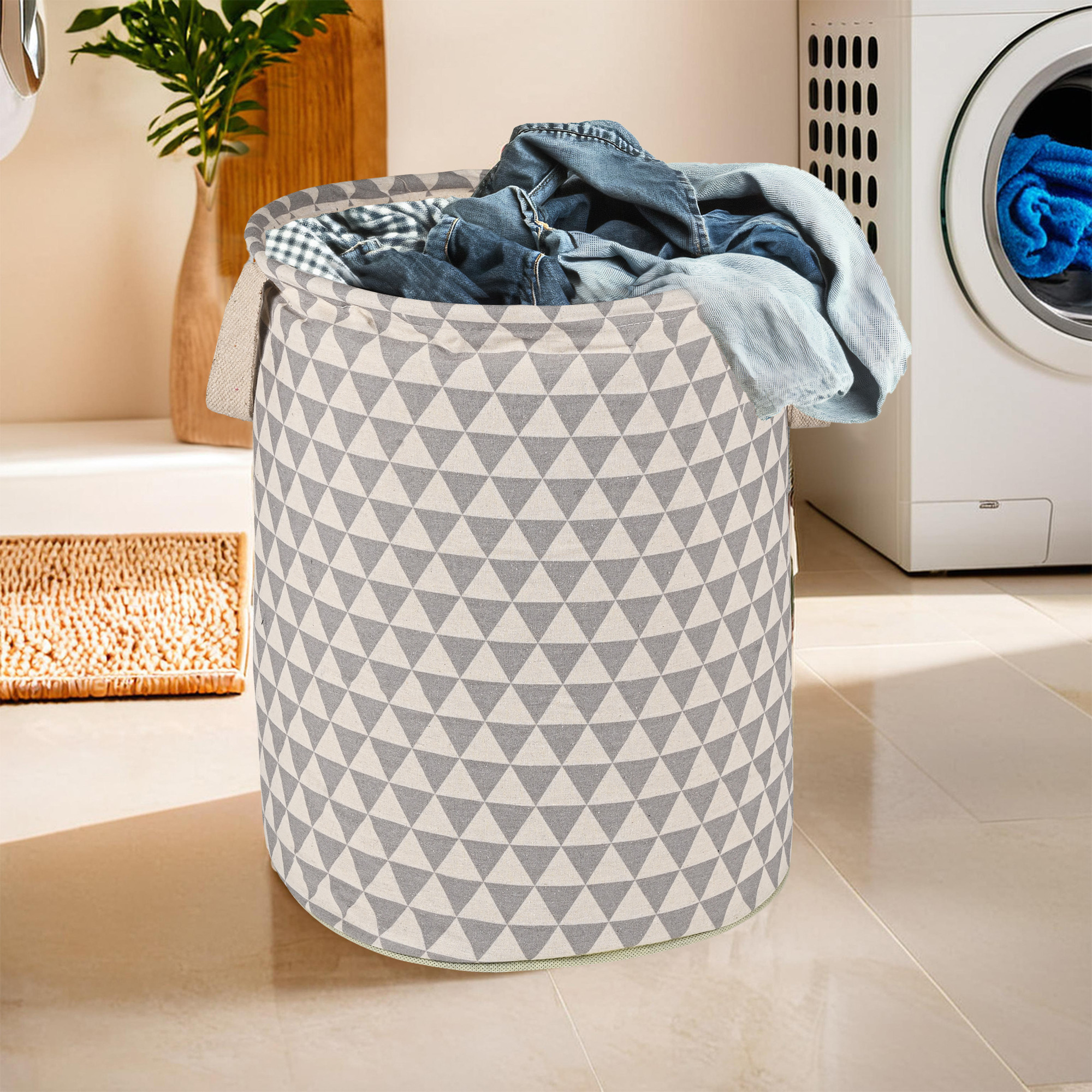 Kuber Industries 60 LTR Foldable  Portable Laundry Basket for Clothes with Carry Handles  Durable  Easy To Clean Laundry Towel  Toy Bag for Kids Storage  Triangle- Grey
