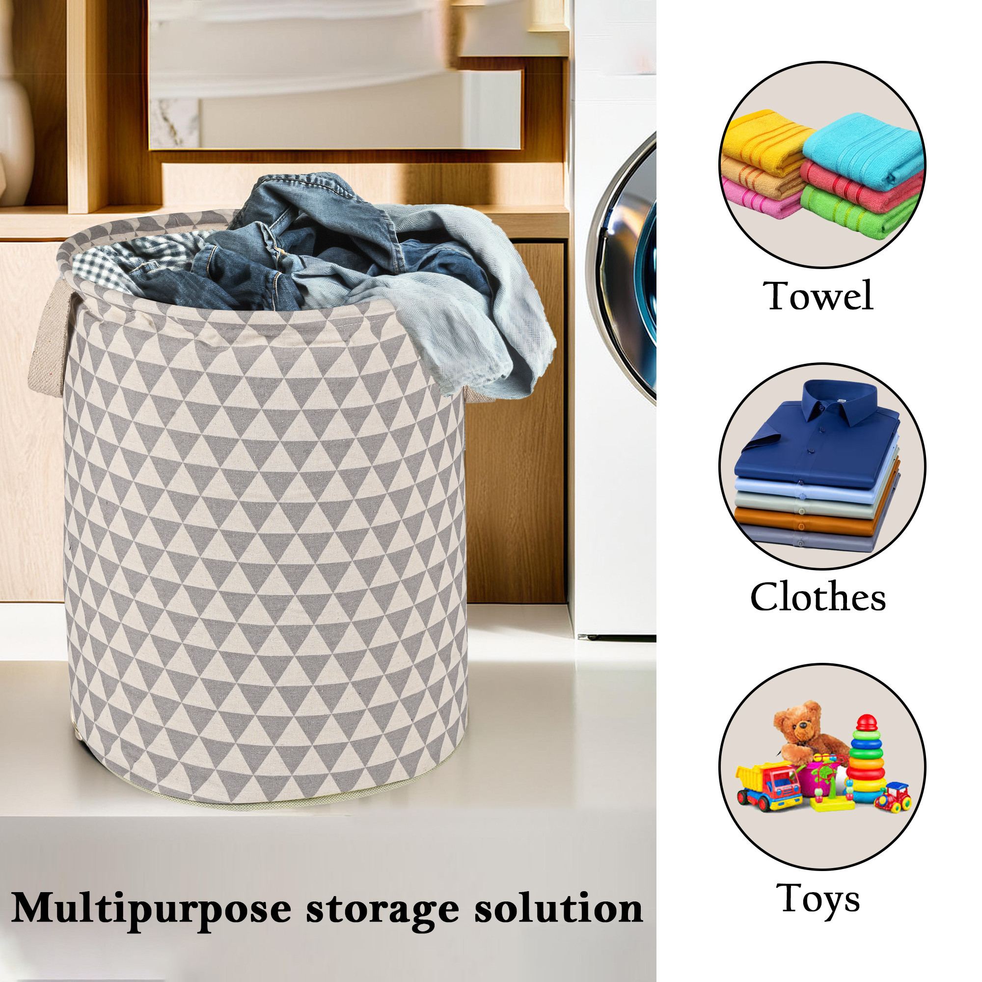 Kuber Industries 60 LTR Foldable  Portable Laundry Basket for Clothes with Carry Handles  Durable  Easy To Clean Laundry Towel  Toy Bag for Kids Storage  Triangle- Grey