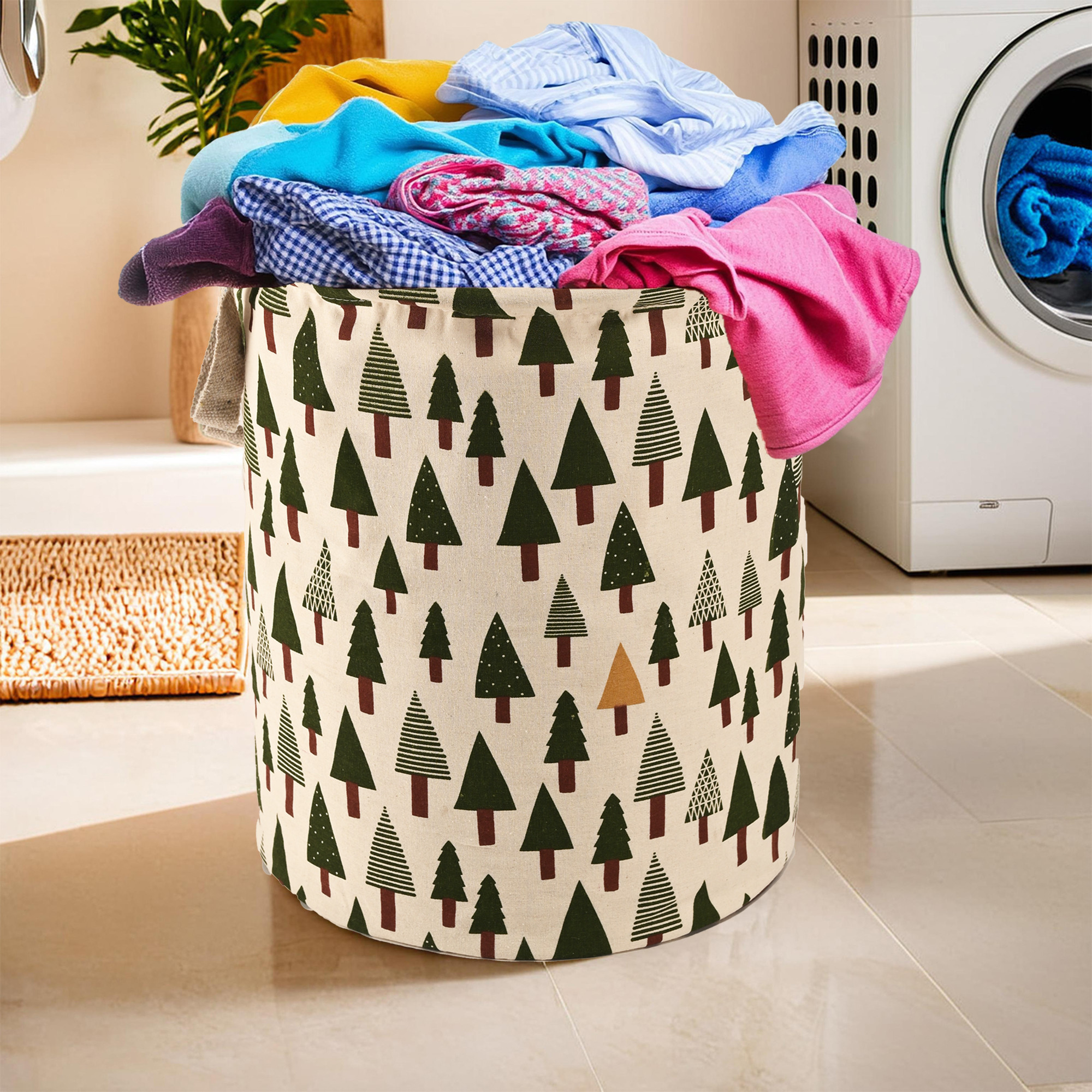 Kuber Industries 60 LTR Foldable  Portable Laundry Basket for Clothes with Carry Handles  Durable  Easy To Clean Laundry Towel  Toy Bag for Kids Storage  Tree Print- Green